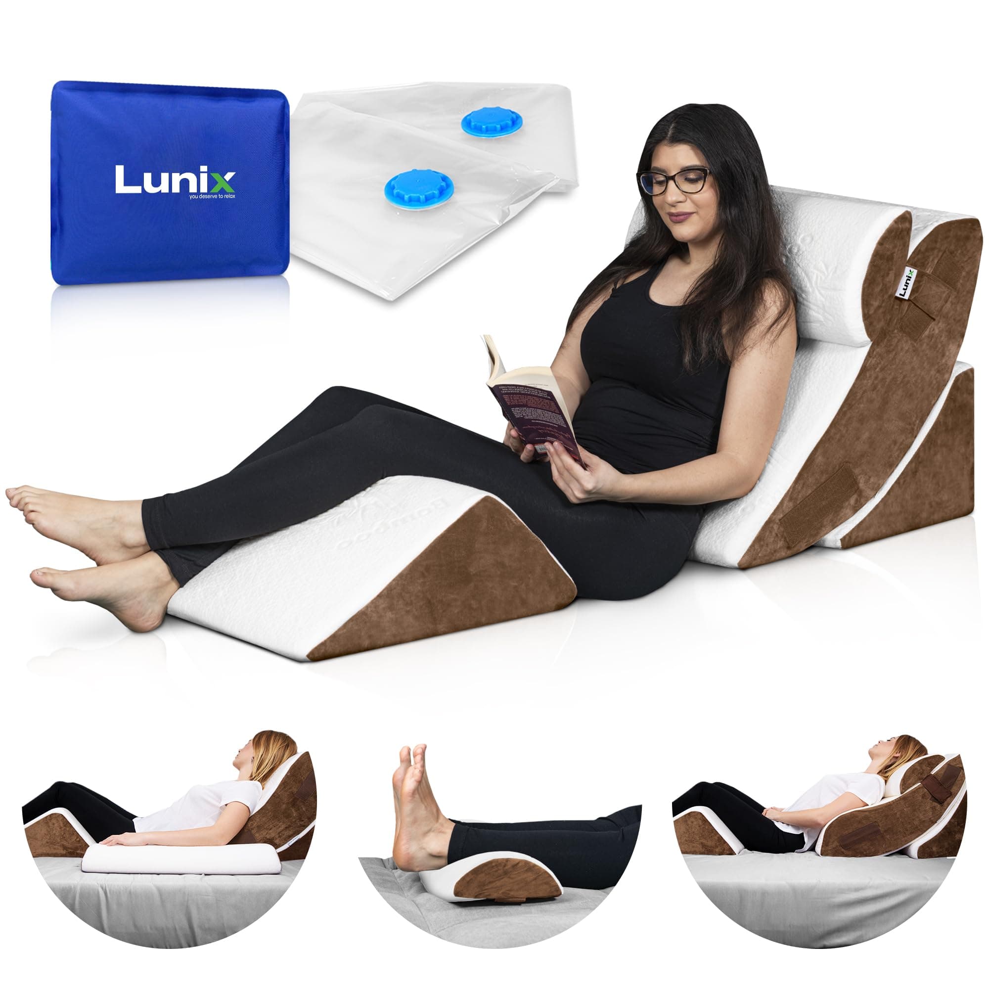 Lunix 4pcs Orthopedic Bed Wedge Pillow Set, Post Surgery Memory Foam for Back, Knee, Leg Pain Relief, Adjustable Sitting Pillow for Sleeping, Acid Reflux, GERD, with Hot Cold Pack, Brown