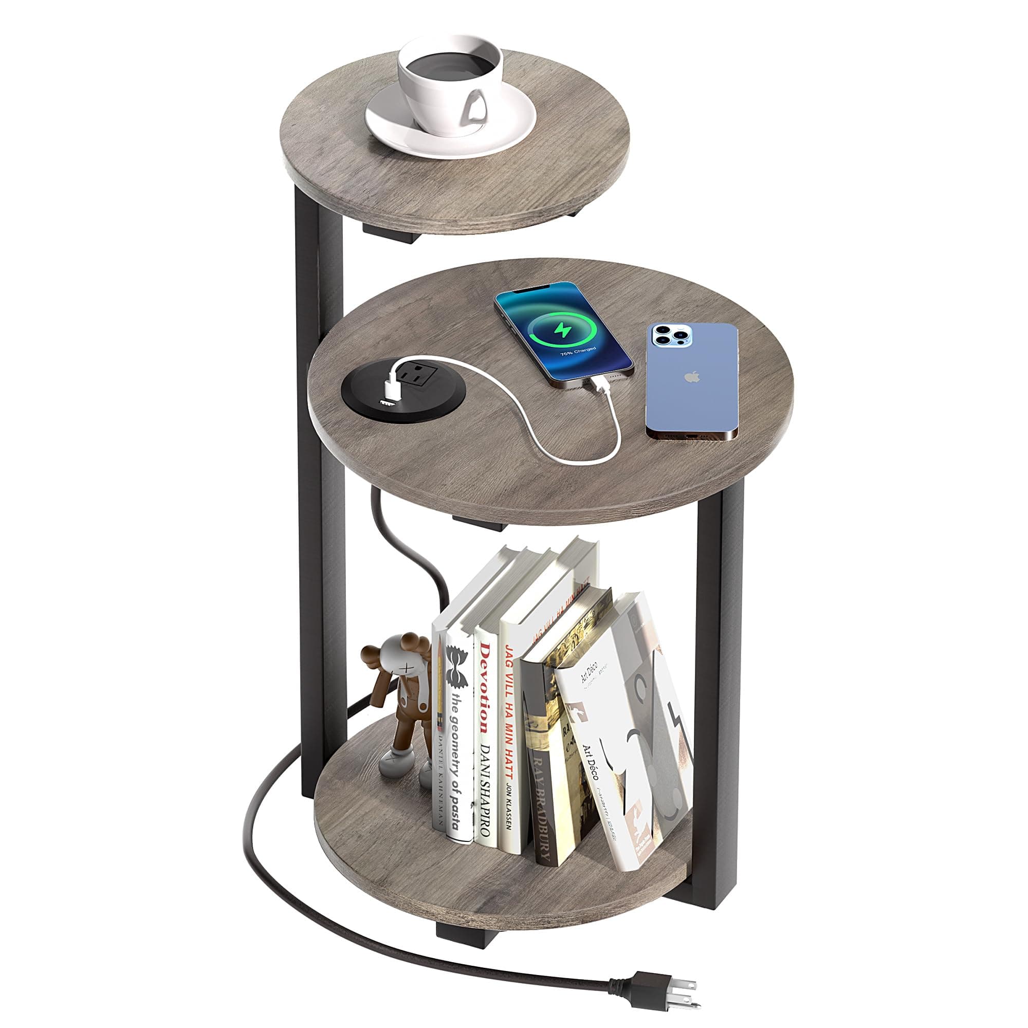 Round End Table with Charging Station, Side Table with USB Ports and Outlets, Nightstand Bedside Table with 3-Tier Shelves, Small Accent Table for Living Room Bedroom, Greige PH01BHZ