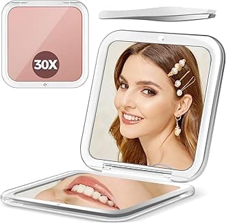 30X Magnifying Mirror, Compact Travel Mirror for Purse & Pocket, Double-Sided 1X/30X HD Makeup Mirror with Tweezers - Portable Mirror for Eyebrow Plucking, Daily Beauty & Travel Essentials, Rose