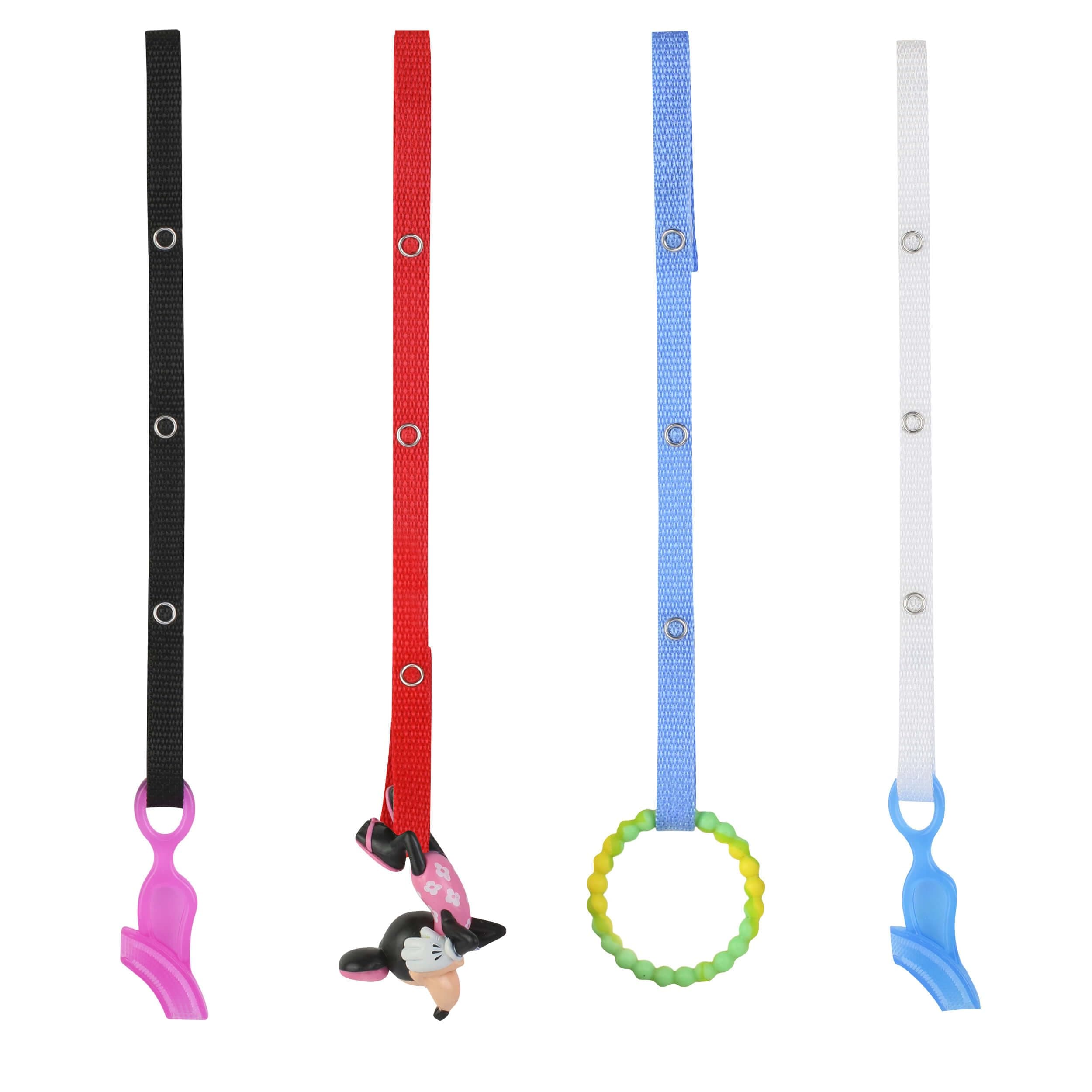 Baby Buddy Secure-A-Toy, Safety Strap Secures Toys, Teether, or Pacifiers to Strollers, Highchairs, Car Seats—Adjustable Length to Keep Toys Sanitary Clean Blue/White/Navy/Red 4 Count
