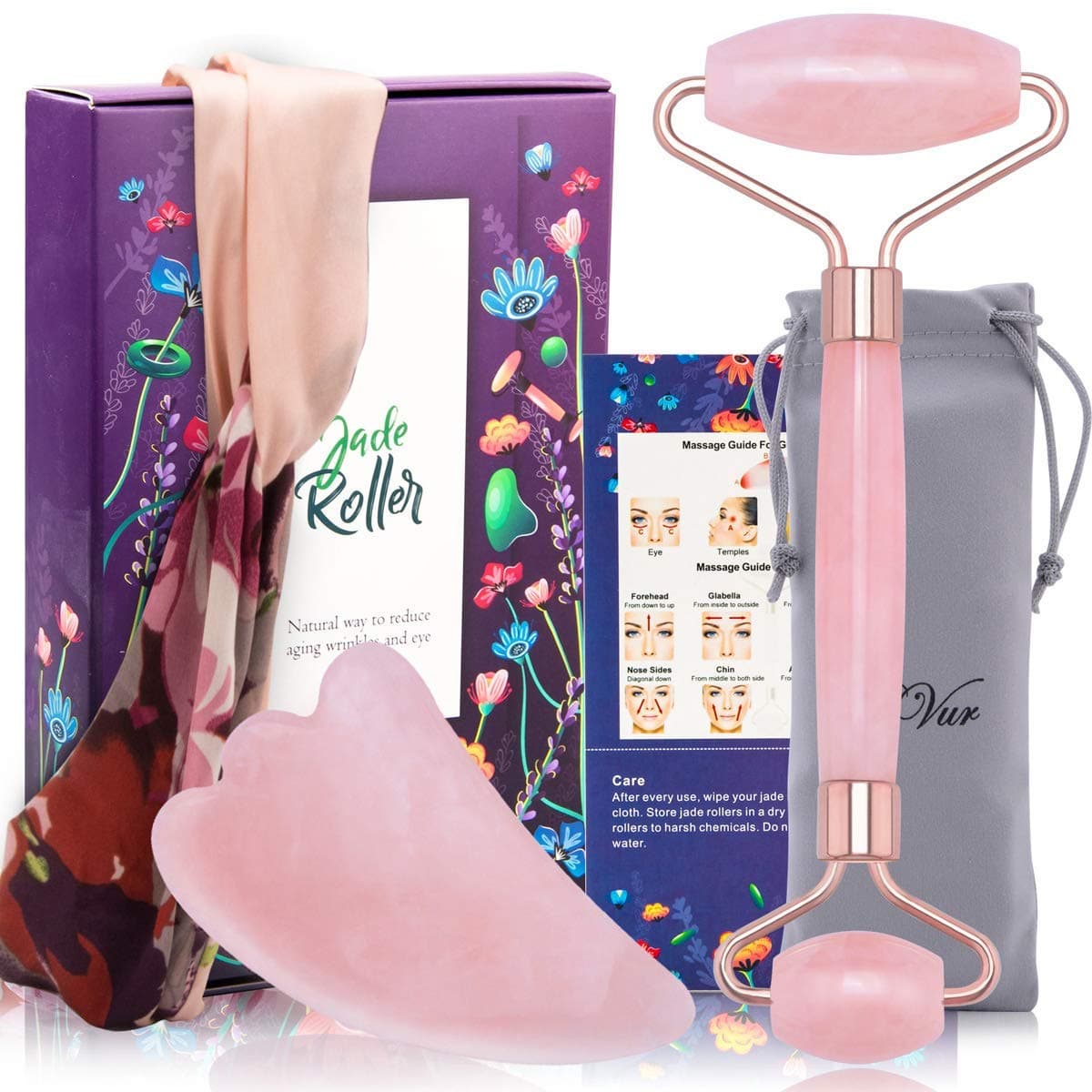 Rose Quartz Roller & Gua Sha Massage Tool, 100% Natural Jade Roller, 2 in 1 Anti-aging Crystal Face Roller for Cheeks Slimmer, Skin Tightening, Rejuvenate Skin (Pink)