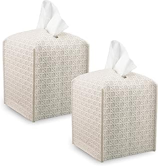 Premium PU Leather Tissue Box Holder–Modern Cover for Home, Office, Car–Stylish Cube Organizer for Standard Kleenex Tissues – Durable, Easy Refill, Rattan Design (Beige 2 Pack)