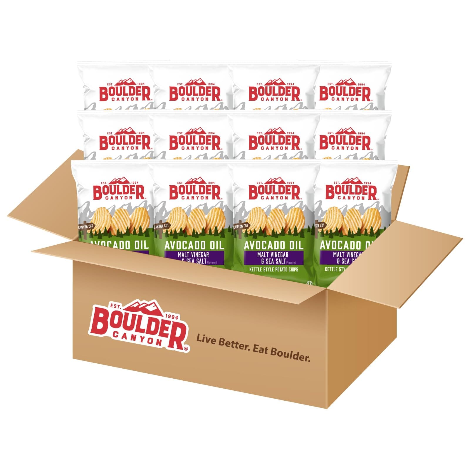 Kettle Cooked Potato Chips Wavy Cut 5.25 oz. Bag Count –Crunchy Chips Cooked in 100 Great for Lunches or Snacking on the Go, Malt Vinegar & Sea Salt, Avocado Oil, 63 Ounce, (Pack of 12)