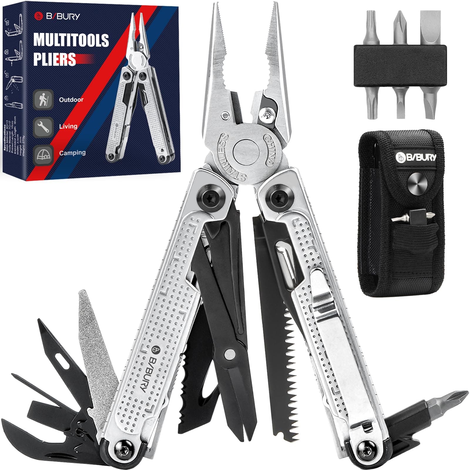 Multitools, Multi Tool Foldable Pliers with Upgraded Scissors and Strap Cutter, Stainless Steel Multitools with Nylon Pouch, Ideal for Camping, Outdoor, Repairing - Gift for Dad Men - Black