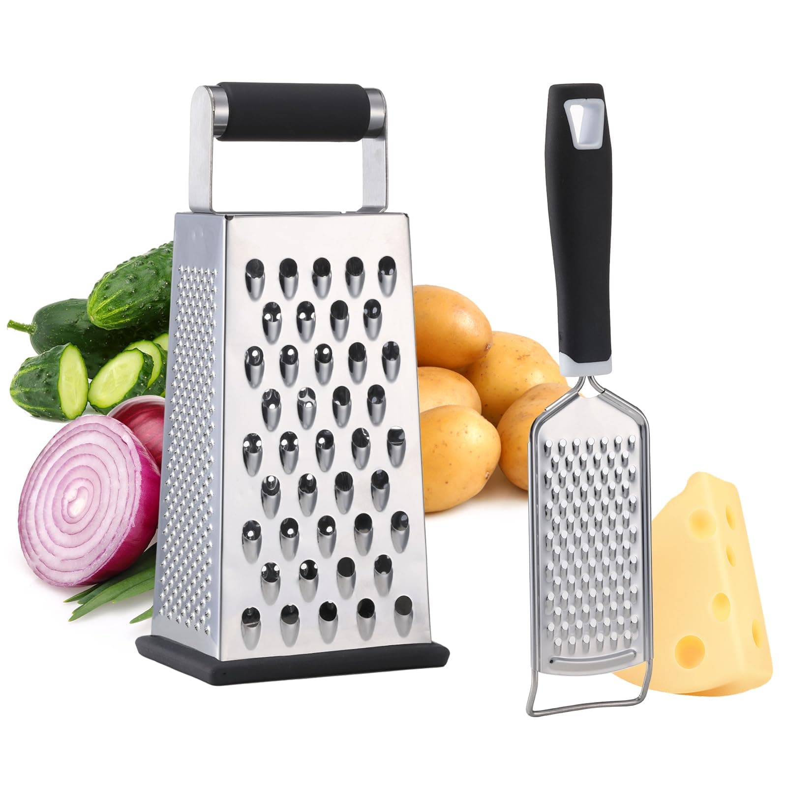 2 Pack, Cheese Box Grater & Handheld Cheese Grater Set, Stainless steel Vegetable Slicer Food Shredder 4-Sided Convenience Gadgets with Lemon Zester Grater With Handle, Kitchen Gadgets And Tools