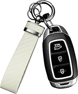 Carbon Fiber Car Keychain,Automotive Interior Accessories Keychains Leather Car Key Fob,Car Accessories Key Ring&Anti-Lost D-Ring(White)