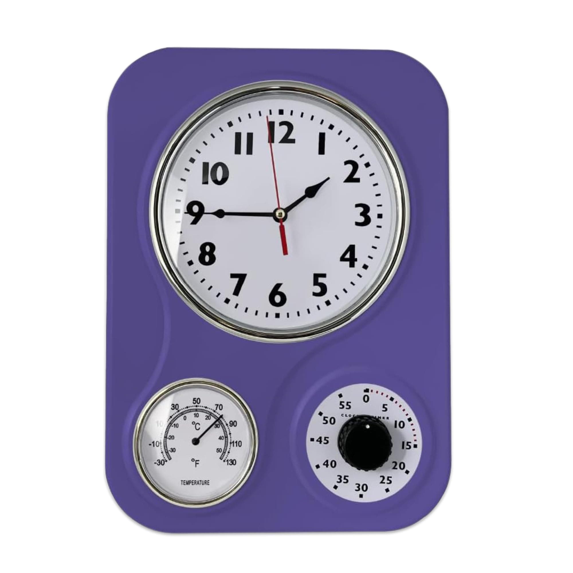 Lily's Home Retro Kitchen Wall Clock, with a Thermometer and 60-Minute Timer, Ideal for Any Kitchen, Purple (9.5 in x 13.3 in)