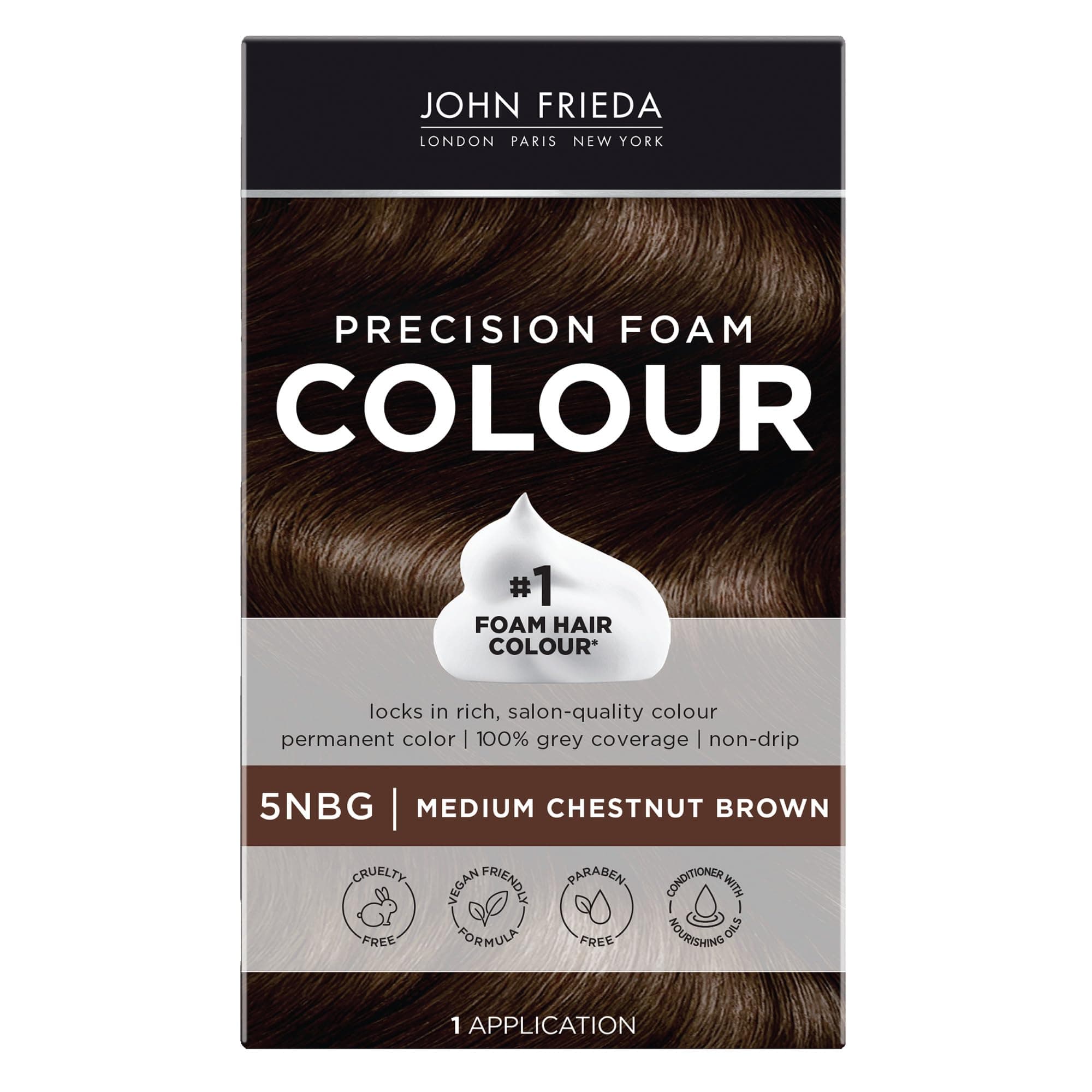 John Frieda Precision Foam Colour, Medium Chestnut Brown 5NBG, Full-coverage Hair Color Kit, Anti-Fade Gray Coverage, Deep Color Saturation Hair Dye, 1 Application