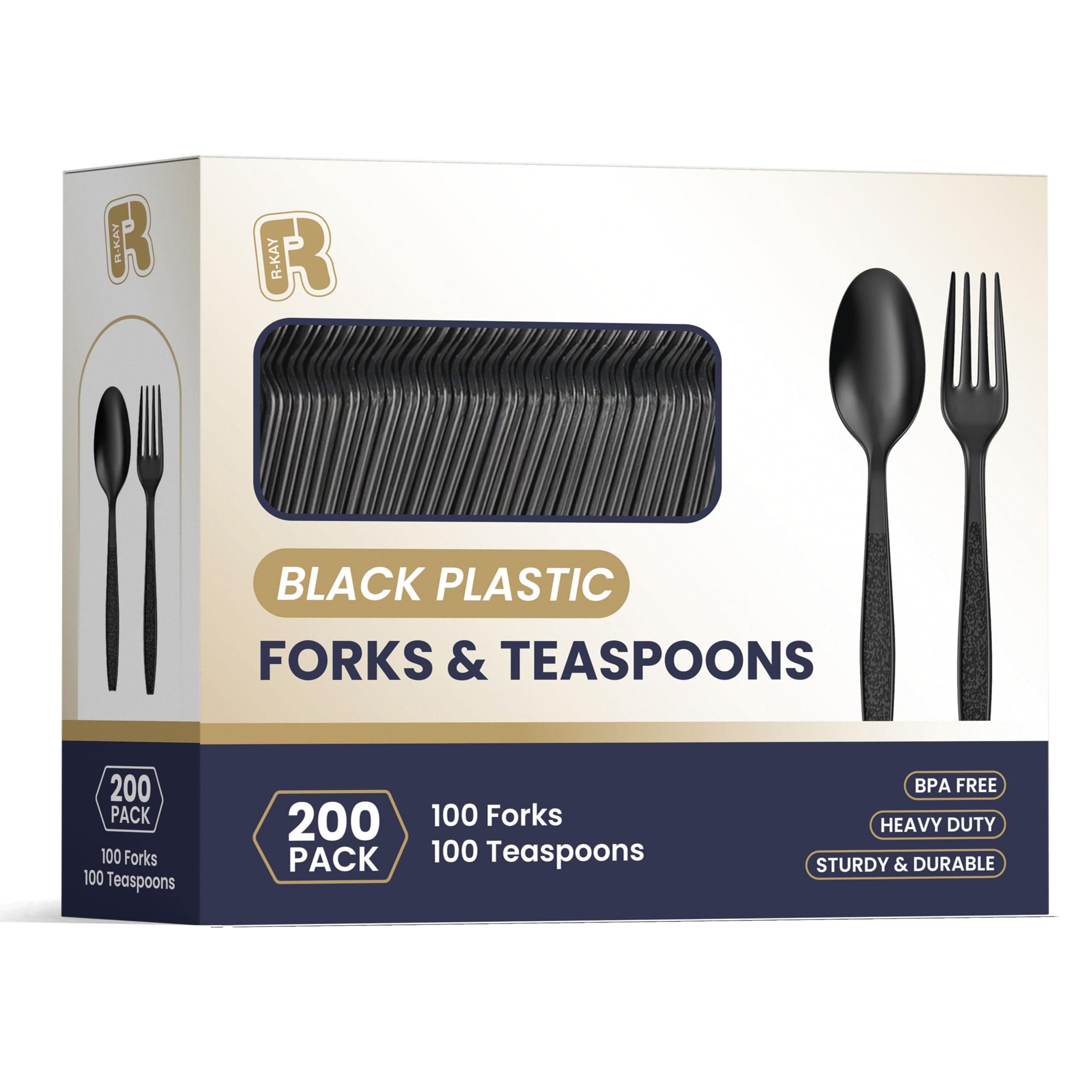 R-kay 200 Count Black Plastic Silverware Heavy Duty - Black Plastic Forks And Spoons Set - BPA Free Plastic Utensils Set - Heat Resistance Plastic Cutlery For All Occasions