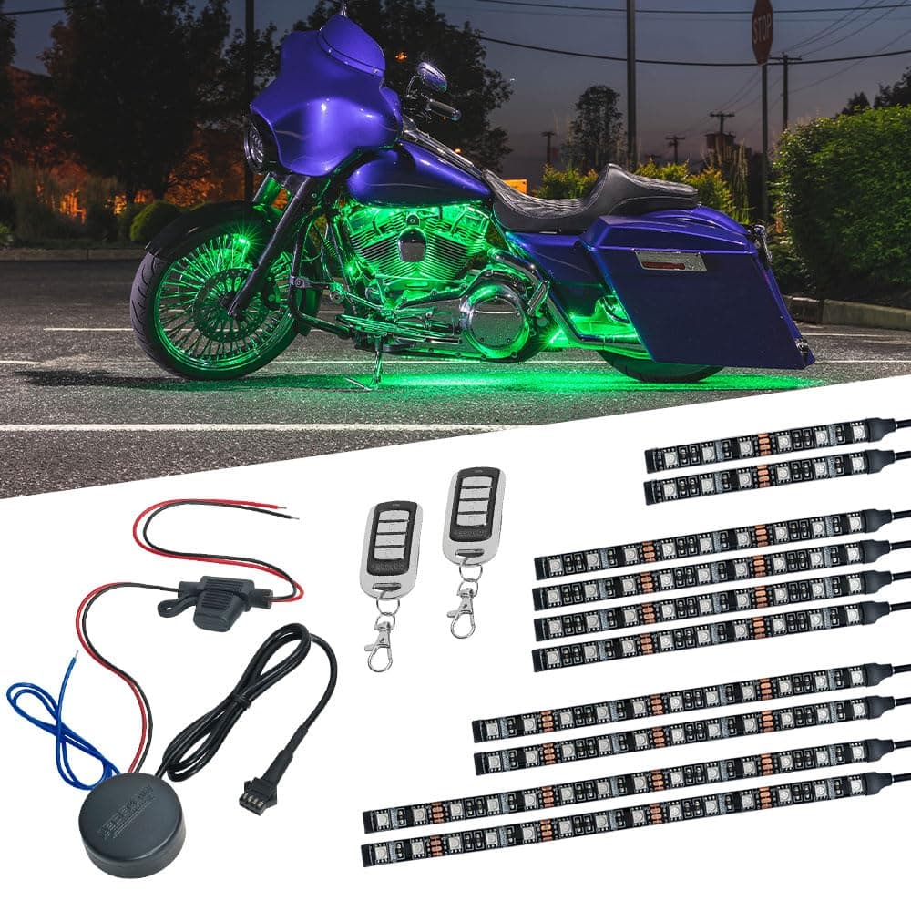 LEDGlow 10pc Advanced Million Color LED Motorcycle Accent Underlow Light Kit - 15 Solid Colors - 6 Patterns - Multi-Color Flexible Strips - Includes Waterproof Control Box & 2 Wireless Remotes