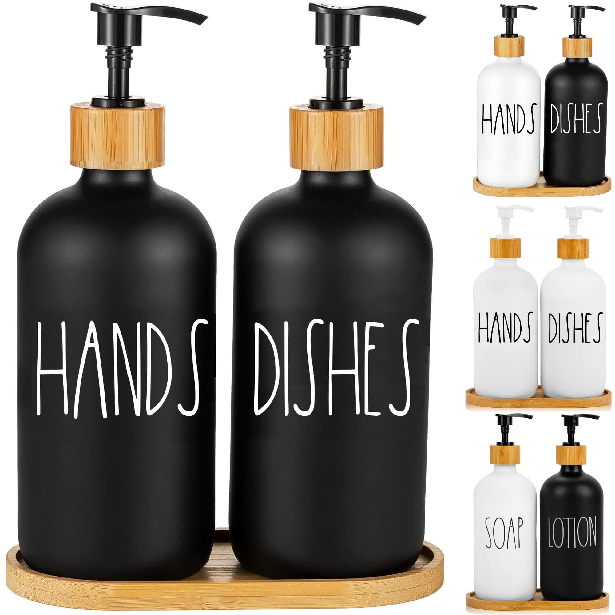 Hand and Dish Soap Dispenser for Kitchen Sink by Brighter Barns - Farmhouse Kitchen Soap Dispenser Set with Tray - Glass Soap Dispenser - Modern Boho Farmhouse Kitchen Decor (Black)