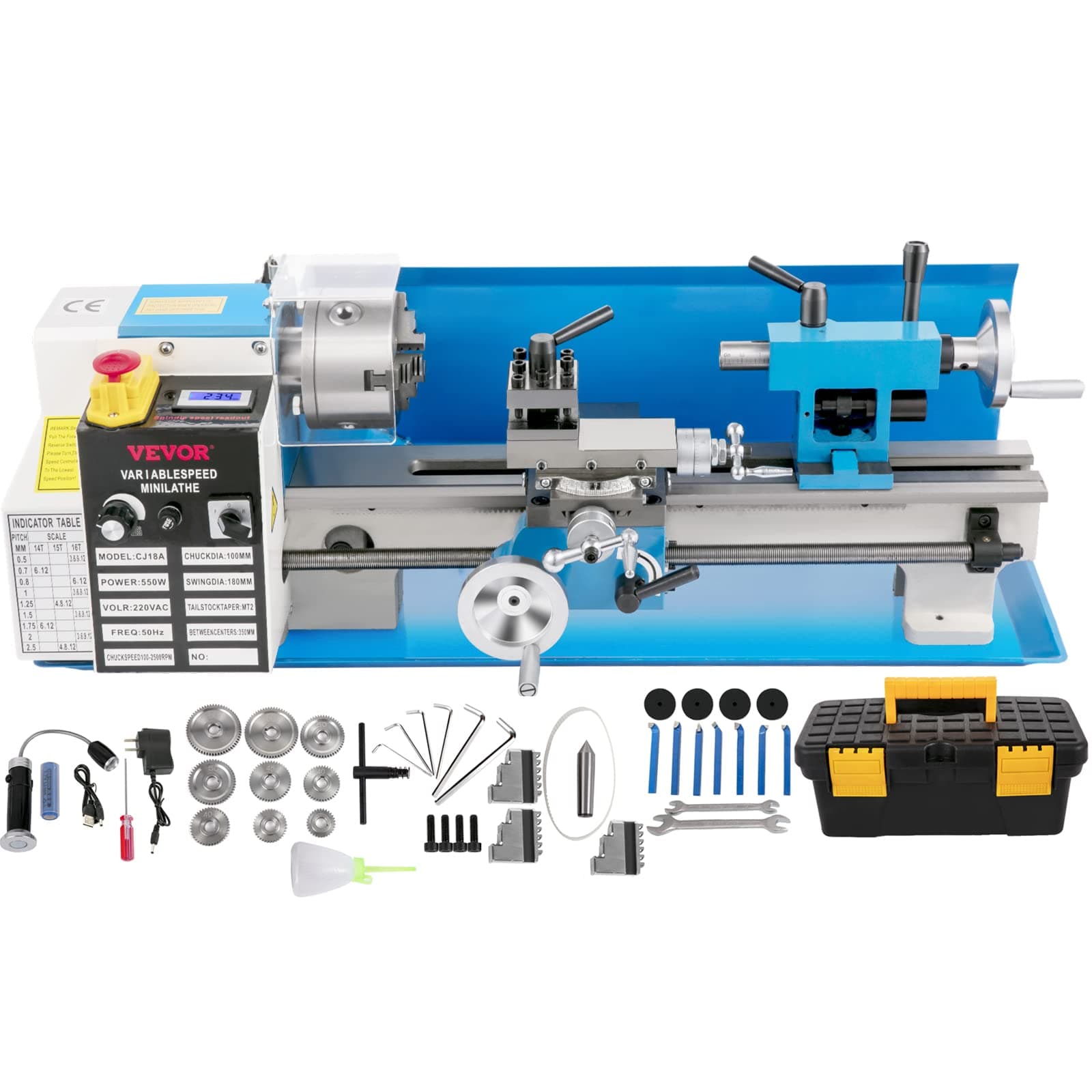 VEVOR Metal Lathe, Upgraded Digital Display 7"x14" Benchtop Metal Lathe 550W Variable Speed 2250RPM with 3-jaw Chuck CNC Mini Lathe Machine Precision Mini Lathe Tool Box for Metal Turning
