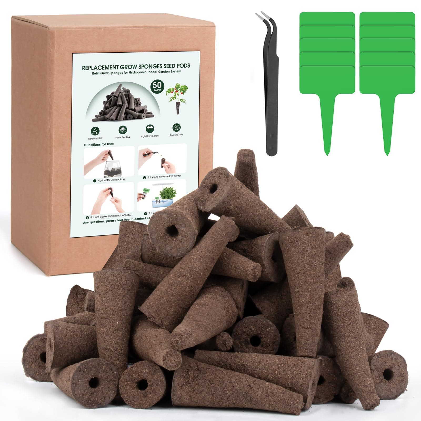 Maromalife 50 Pack Grow Sponges for Hydroponics, Replacement Root Growth Sponges Seed Starter Pods Compatible with AeroGarden, Refill Pods for Hydroponic Indoor Garden System with 10 Tags 1 Tweezer