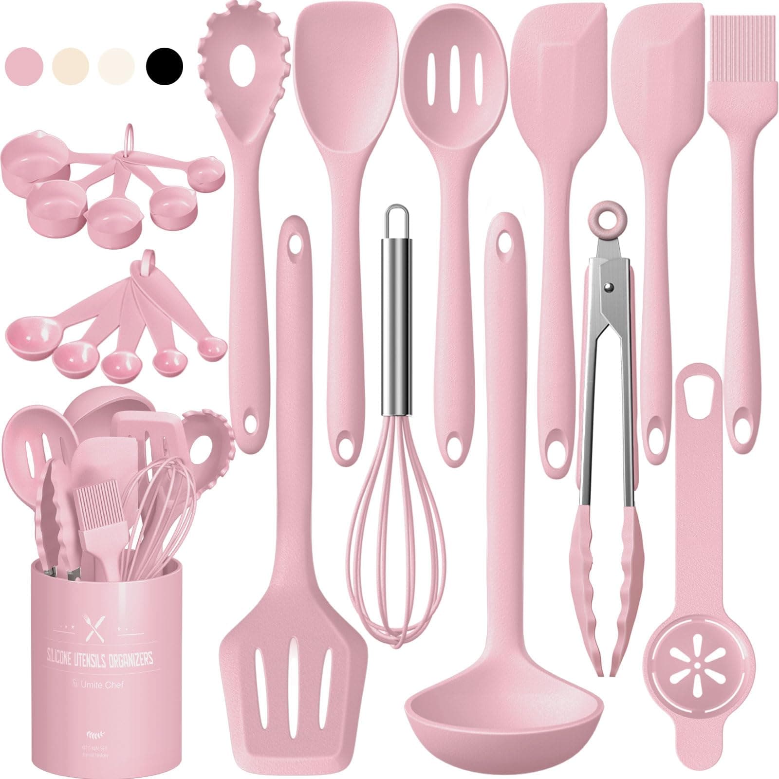Umite Chef Kitchen Utensils Set, 22Pcs Silicone Cooking Utensils Set, Heat Resistance Silicone Ktchen Spatulas Set with Holder, Cooking Gadgets Tools Set for Nonstick Cookware, Dishwasher Safe(Pink)