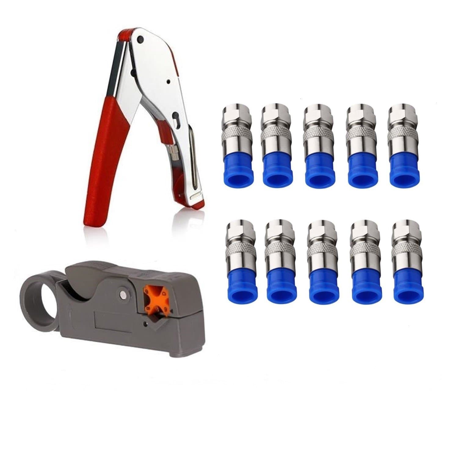Coax Cable Crimper Tool Kit, rg6 rg59 Coaxial Compression Tool, Wire Stripper, 10pcs RG6 F Connectors