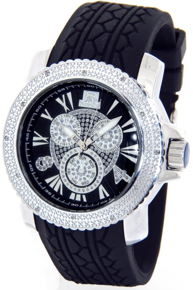 Mens Techno Master Real Diamond Watch Silver Case Rubber Band w/ 2 Interchangeable Watch Bands #TMX-2128B