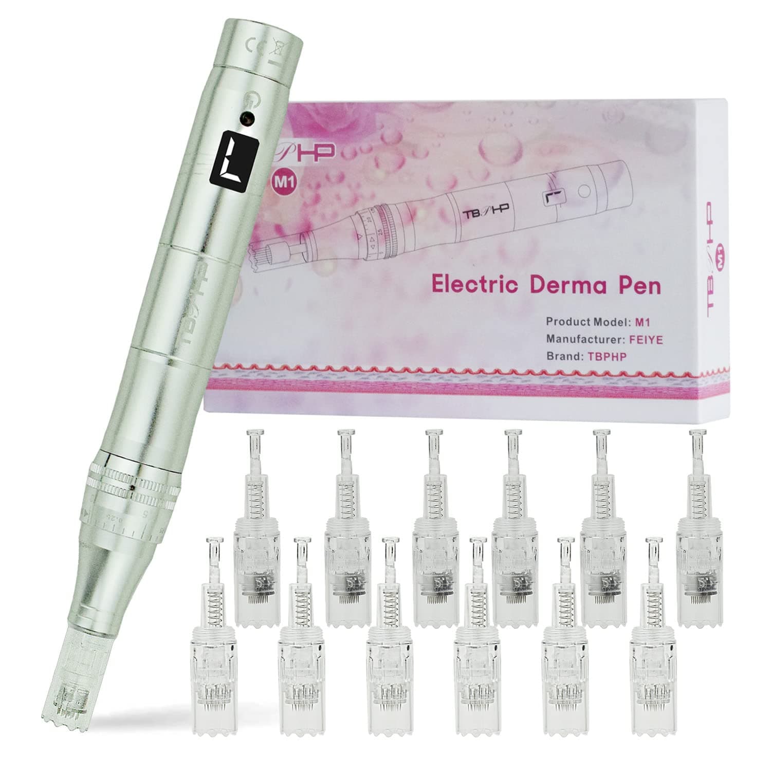 Dermapen TBPHP M1 Upgraded Electric Wireless Beauty Pen LCD Screen with 12 Replacement Cartridges (Silver)