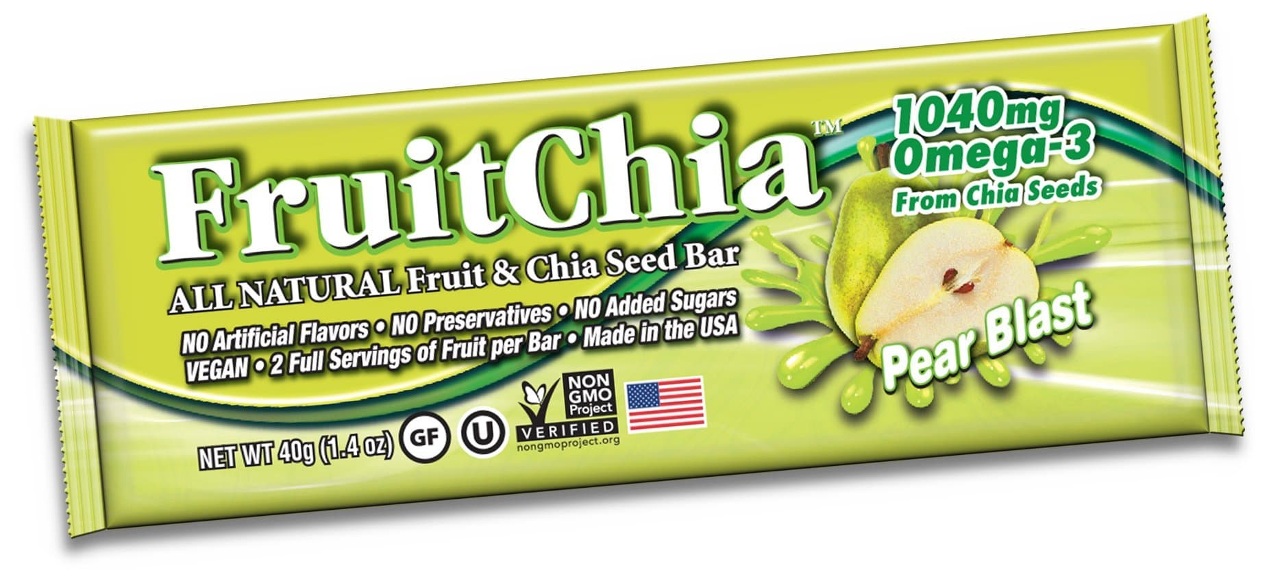 FruitChia Pear - All Natural / Real Fruit & Chia Seed Bar W/ Omega-3. Gluten-Free, Kosher & Vegan 2-PACK/BARS