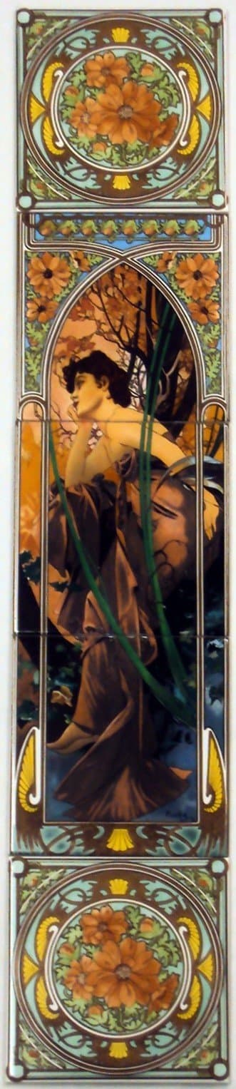 Evening Reverie Tile Panel Mucha Ladies Decorative 5 Tiles Panel Hand Decorated in UK