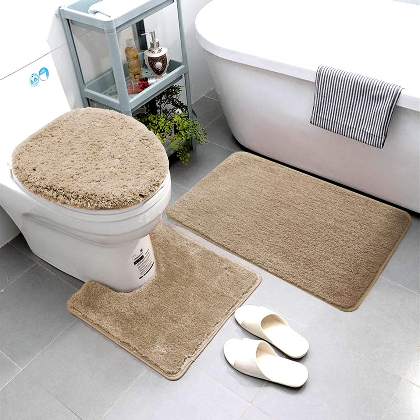 Smart Linen 3 Piece Bathroom Rug Set Includes Bath Rug, Contour Mat and Toilet Lid Cover, Machine Washable, Super Soft Microfiber & Non Slip Bath Rugs with Rubber Backing Solid (Beige)