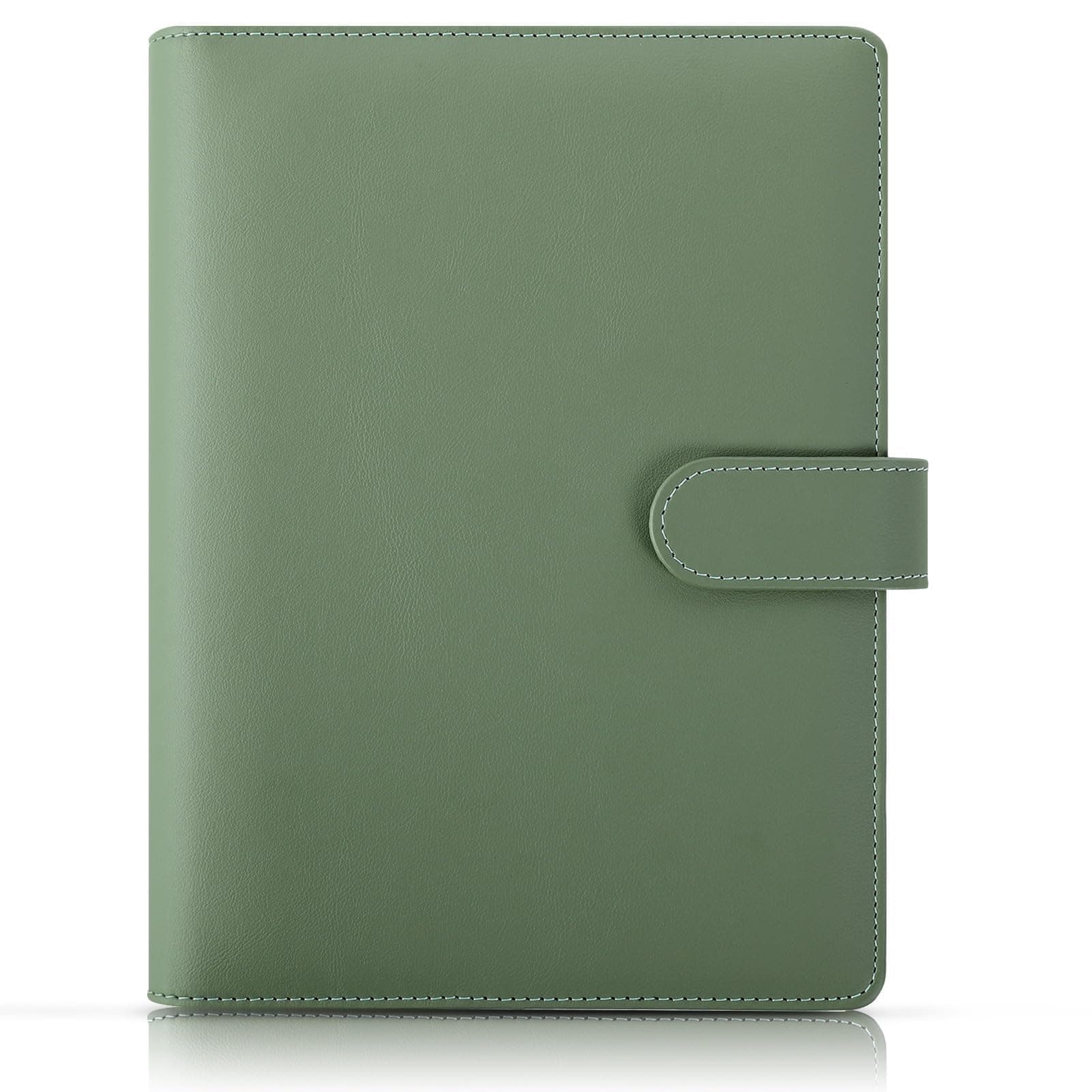 SKYDUE A5 Faux Leather Ring Binder, Refillable 6-Ring Budget Organizer Cover for Office, School and Travel (Olive Green, Inner Paper Not Included)