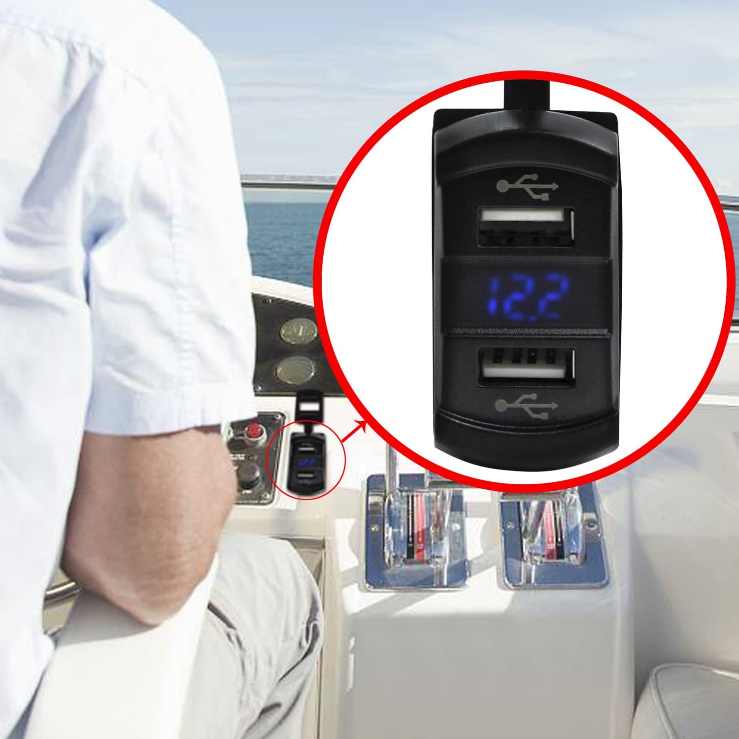 Universal Rocker Dual USB Waterproof Socket with LED Light, Purishion Dual USB Charger for Car MotoBike Boat 4.2A Dual USB Power Supply Charger Adapter 12-24V for iPhone Samsung etc. (Blue(block))