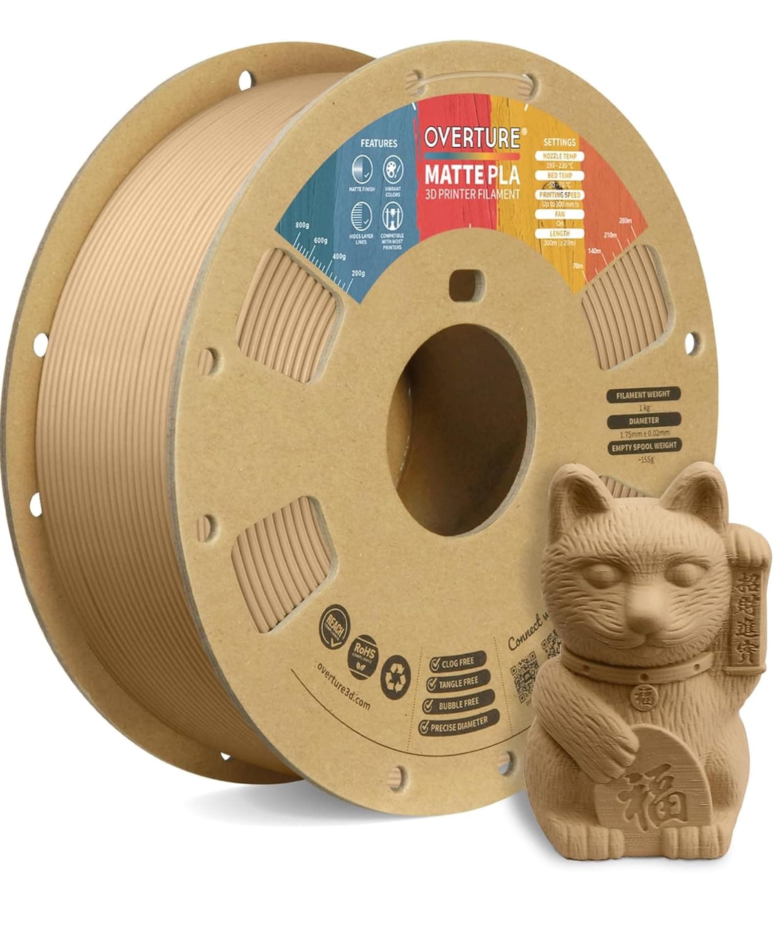 Matte PLA 3D Printer Filament 1.75mm, Matt Surface & Low Warping Filament 1kg Spool (2.2 lbs), Accuracy +/- 0.02 mm, Fit Most FDM Printers (Matte Light Brown)