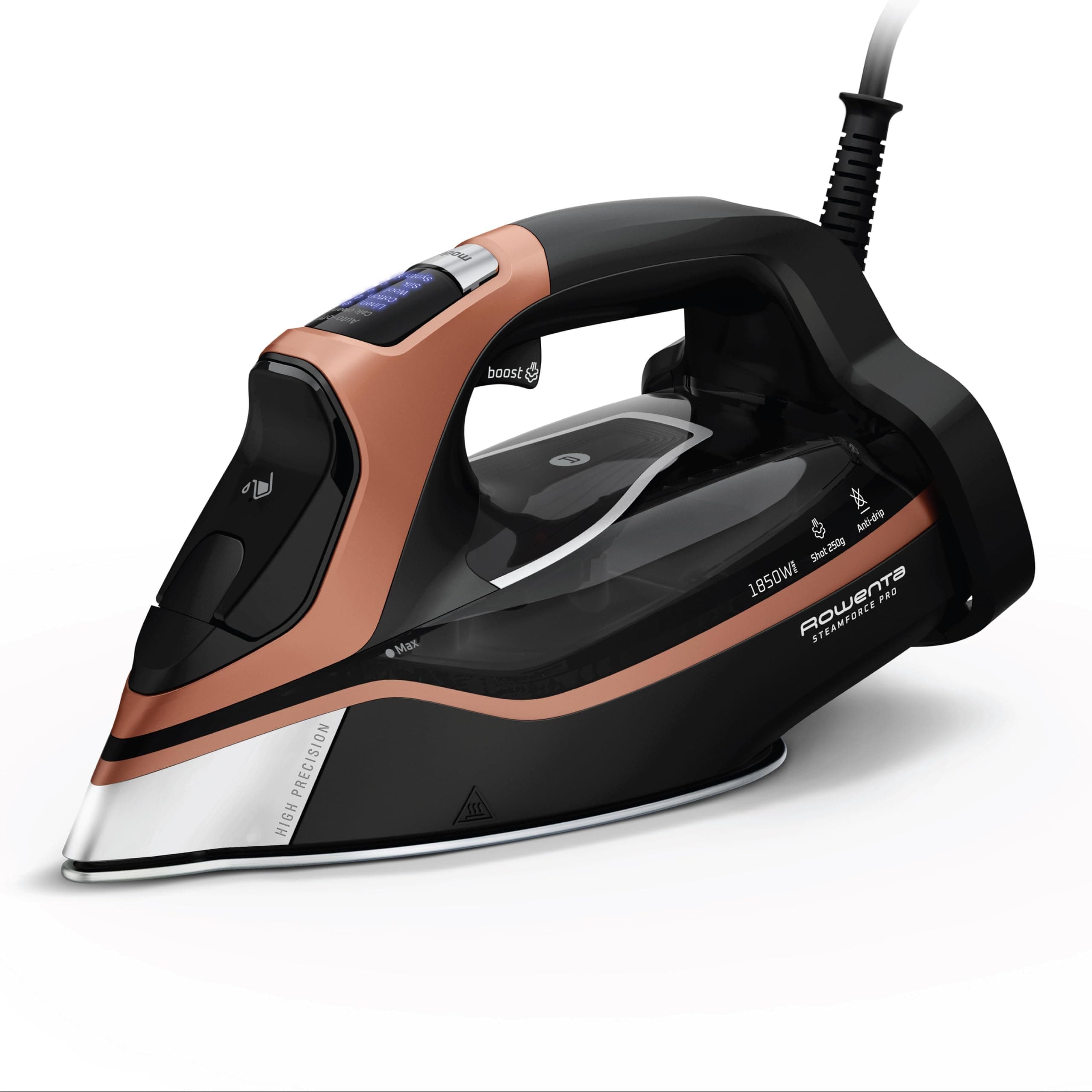 Rowenta, Iron, Steam Force Pro Steam Iron for Clothes 1850 watts, 5 presets Smart Screen, Stainless Steel Soleplate, Powerful Steam Boost, High-Efficiency Ironing, Black Copper, DW9580
