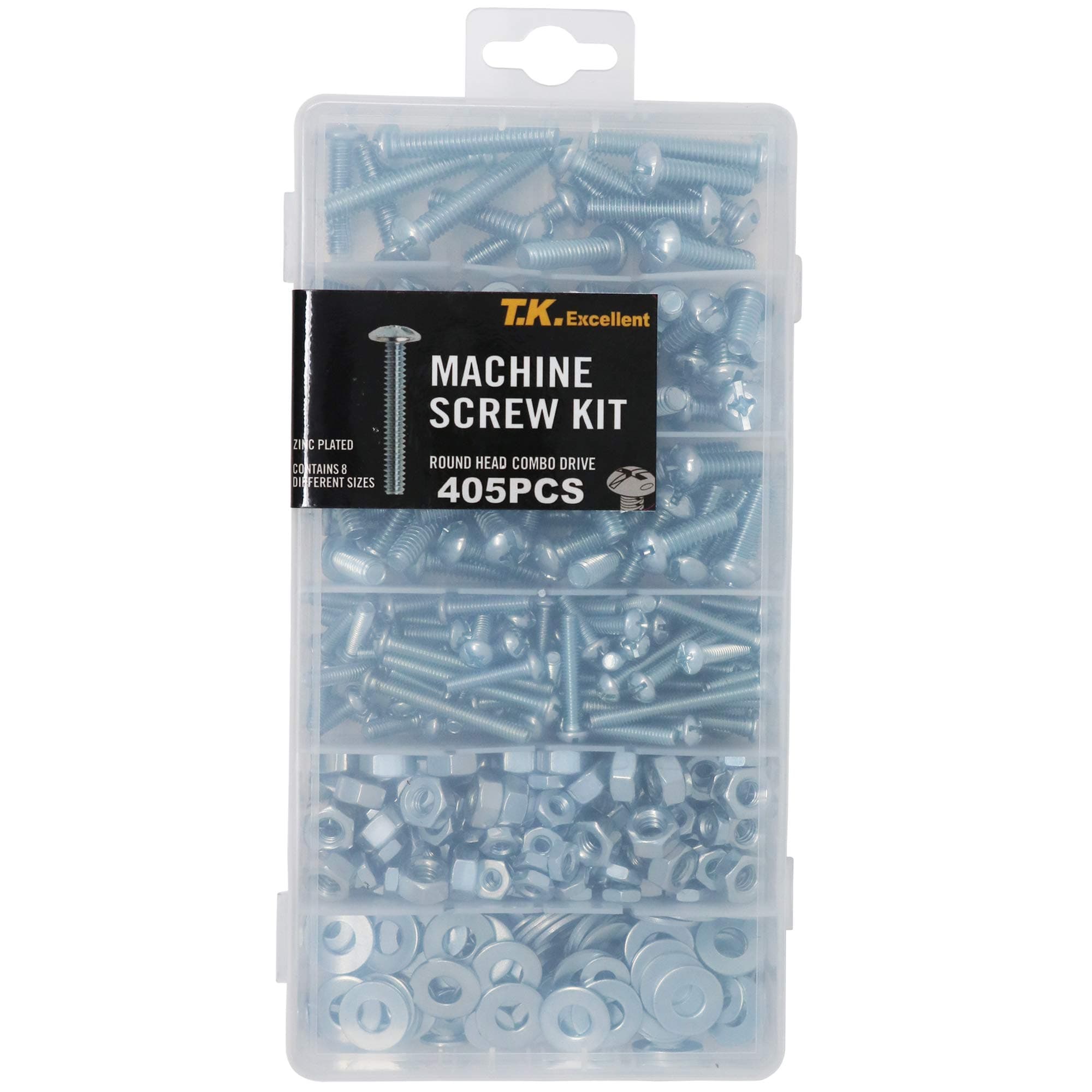 T.K.ExcellentMachine Screw and Hex Nut and Flat Washer #8-32 to #1/4-20 Phillips-Slotted Round Head Combo Drive Bolt Assortment Kit,405 Pcs