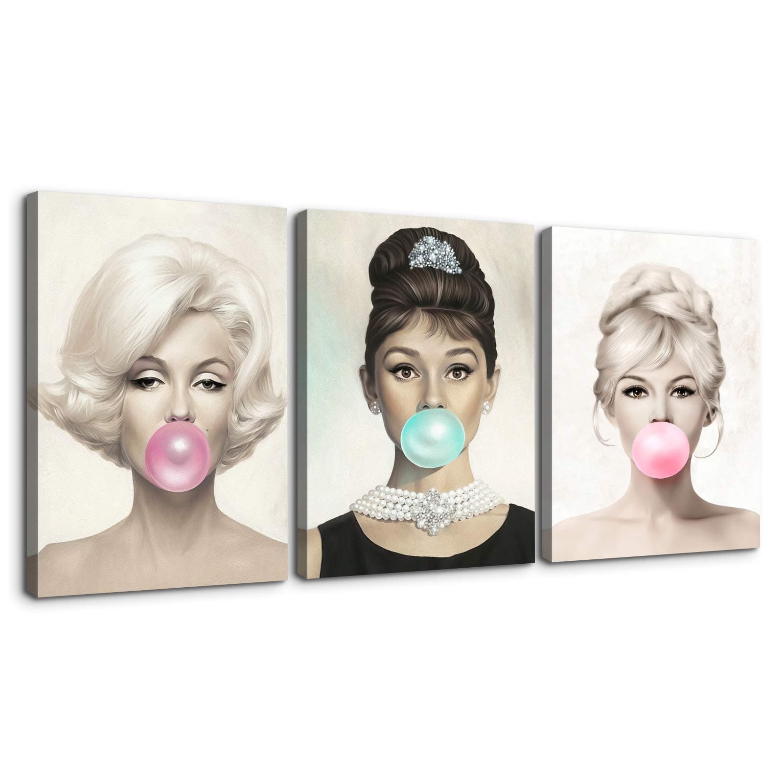 Denozer 3 Panel Beauty Portrait Canvas Wall Art Marilyn Monroe Audrey Hepburn and Brigitte Bardot with Colorful Bubble Gum Painting Home Decor Poster for Living Room Bedroom - 12x16 inch