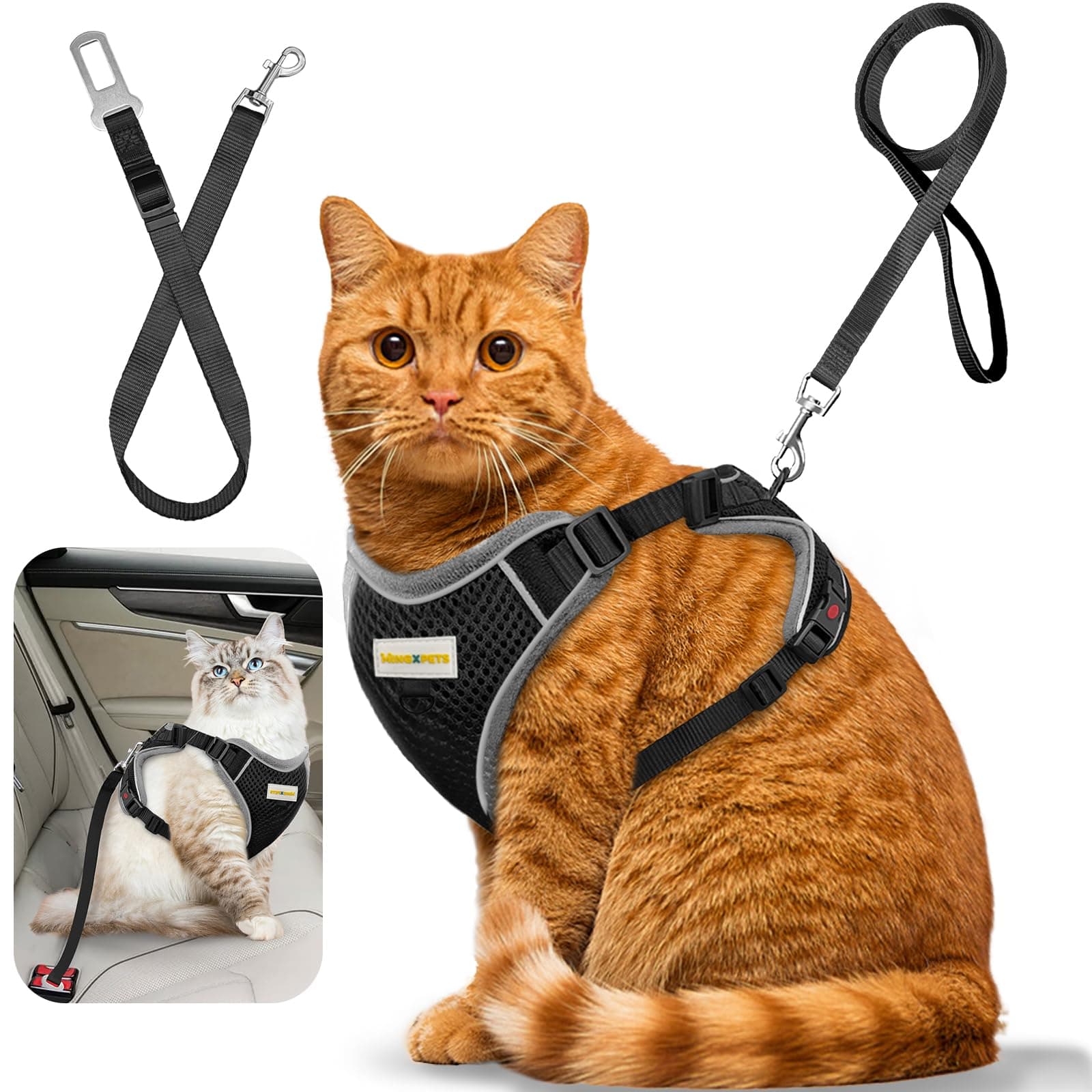 Cat Harness and Leash for Walking, Retractable Cat Harnesses and Leash Set Escape Proof, Breathable Soft Kitten Small Large Harness for Travel Training and Walking, Black, S