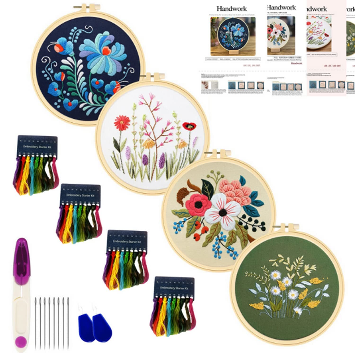 SKEIDO 4 pack DIY Stamped Embroidery Kit For Starter Flowers Pattern Embroidery Cloth Color Threads Tools Kit 20x20cm