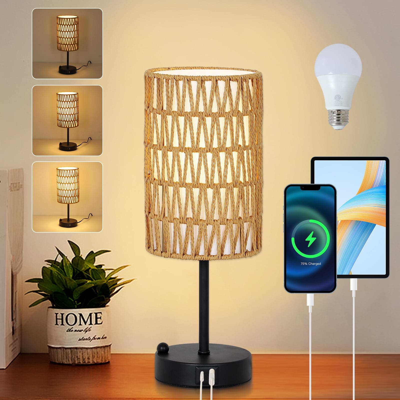 Touch Table Lamp For Bedroom with Bulb, Boho Small Desk Lamp For Living Room With Rattan & Linen Shade, 3 Way Dimmable Bedside Table Lamp For Nightstand With USB Charging Port & Phone Stand For Office