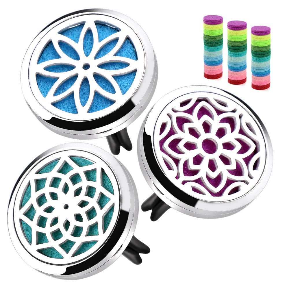 Car Diffuser Vent Clip - 30mm Aromatherapy Essential Oil Car Diffuser Vent Clips with 36 Refill Pads (3 Lotus Vent Clips, Metal)