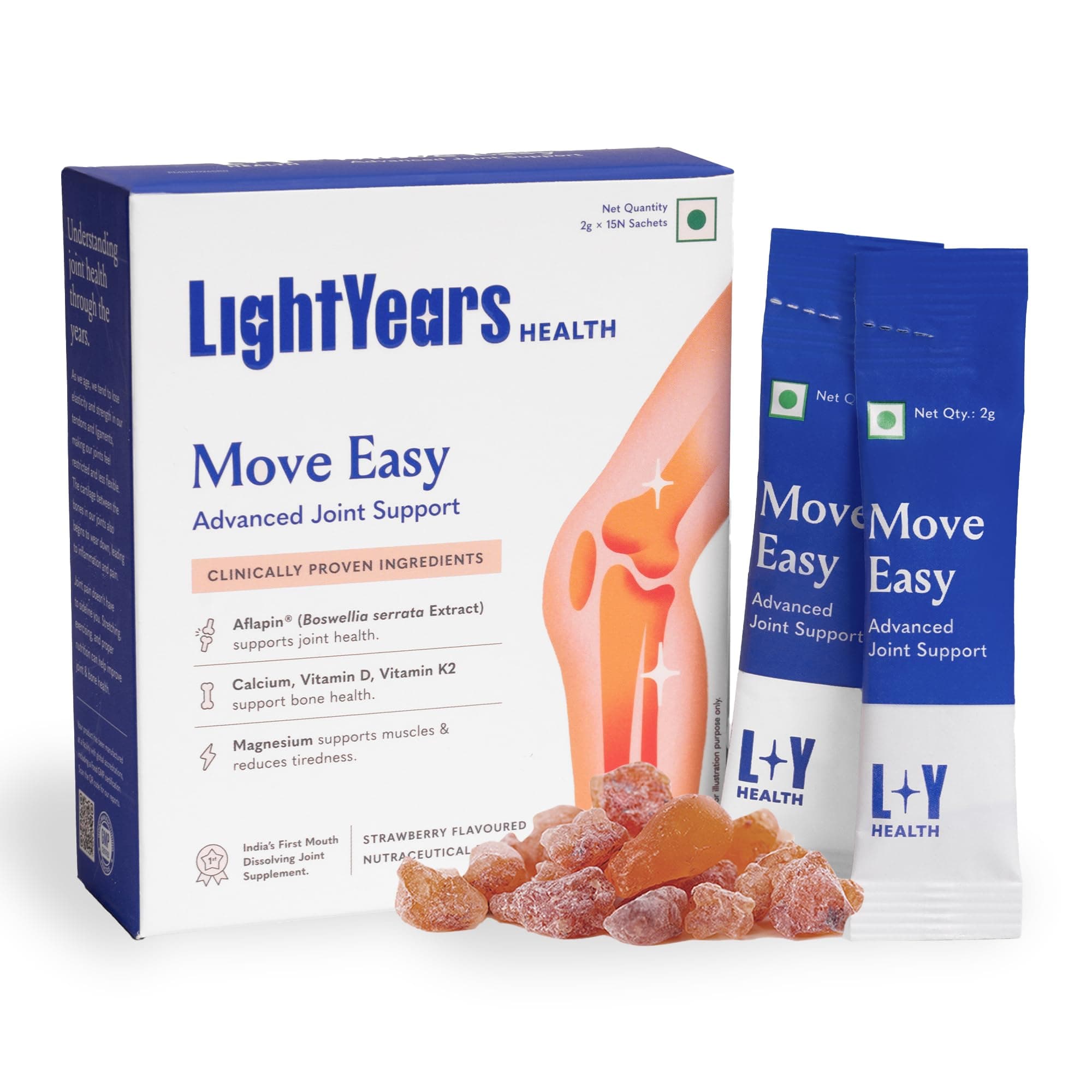 Move Easy | Advanced Joint Support Supplement | Clinically Proven Ingredients | Boswellia Serrata, Magnesium, Calcium, Vitamin D, Vitamin K2-7 | Mouth-Melting Powder | 15 Sachets