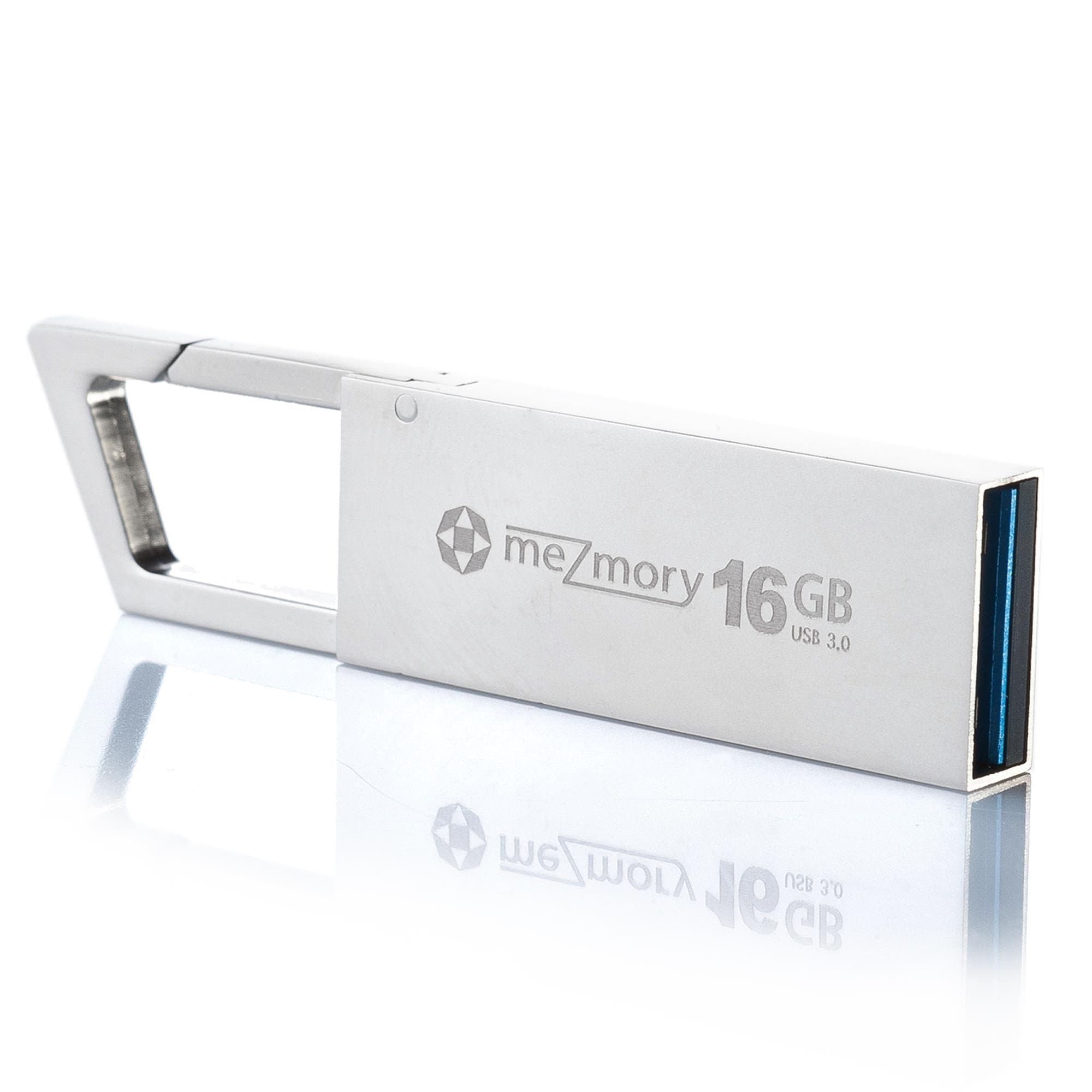 16GB USB 3.0 Flash Drive in Clip Carabiner Function Mini ** waterproof & fast ** Extreme Tough Made of Metal ** Ideal for Key-Chain ** in Silver by meZmory ®