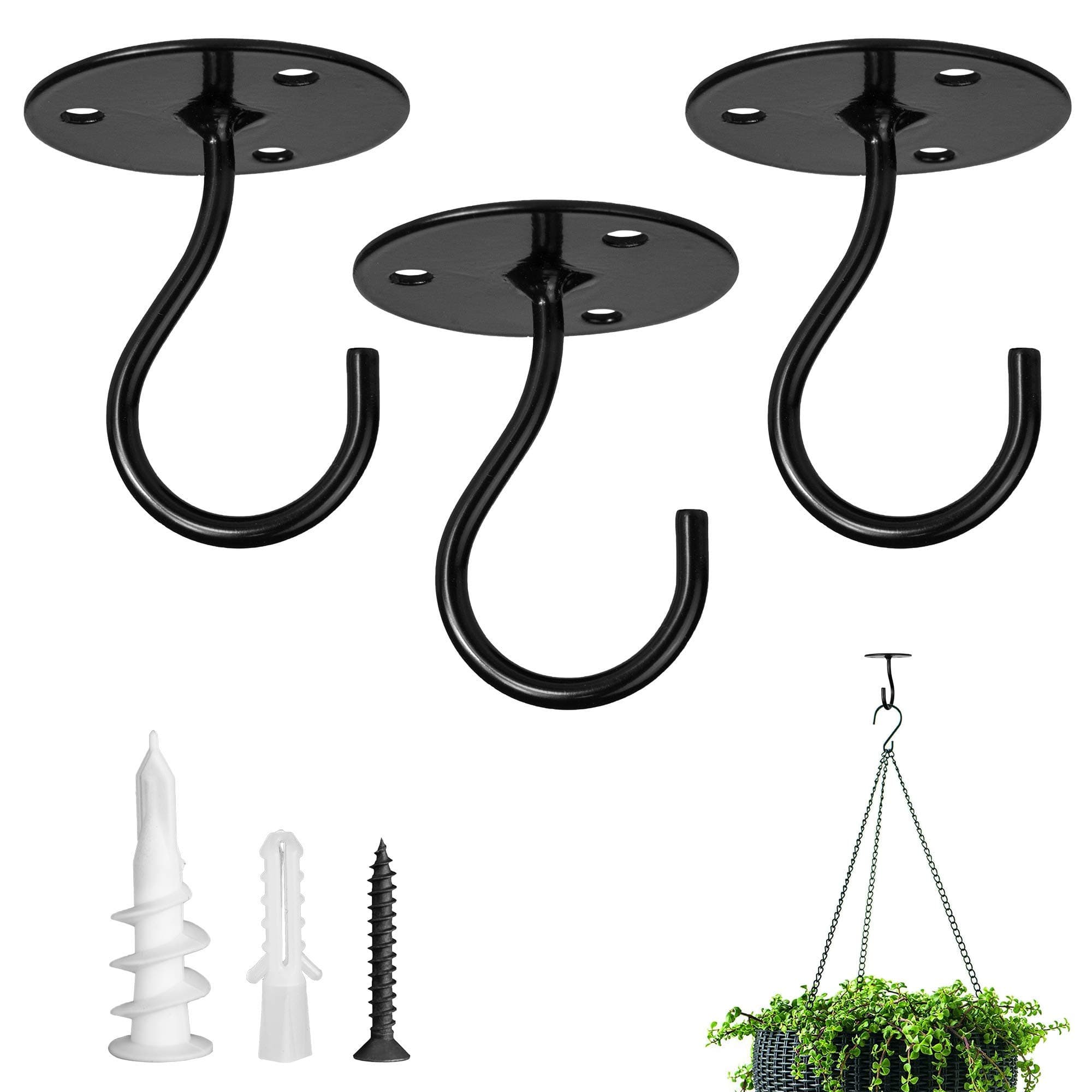 LangPu Ceiling Hooks for Hanging Plants-Heavy Duty Wall Mount Hanger Bracket for Hanging Bird Feeders, Lanterns, Wind Chimes, Planters, Outdoor Decoration (3 Pack) (Black)
