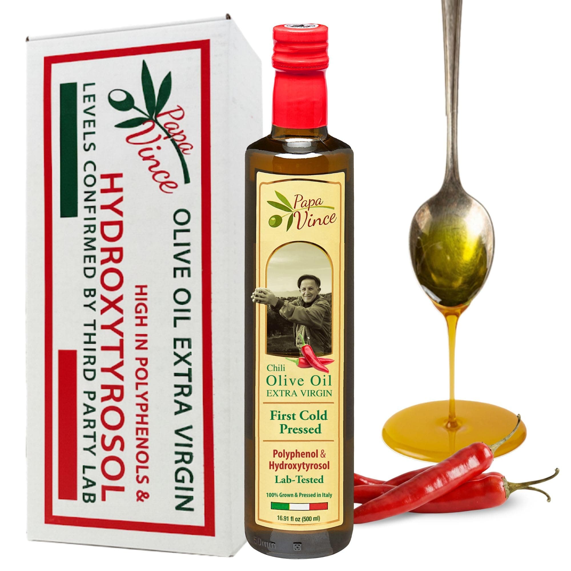 Papa Vince Olive Oil Extra Virgin - First Cold Pressed, Polyphenol Rich Olive Oil (EVOO). Chili Pepper Agrumato, Unfiltered, Single Sourced, Glass Bottle, Family made, Sicily, Italy