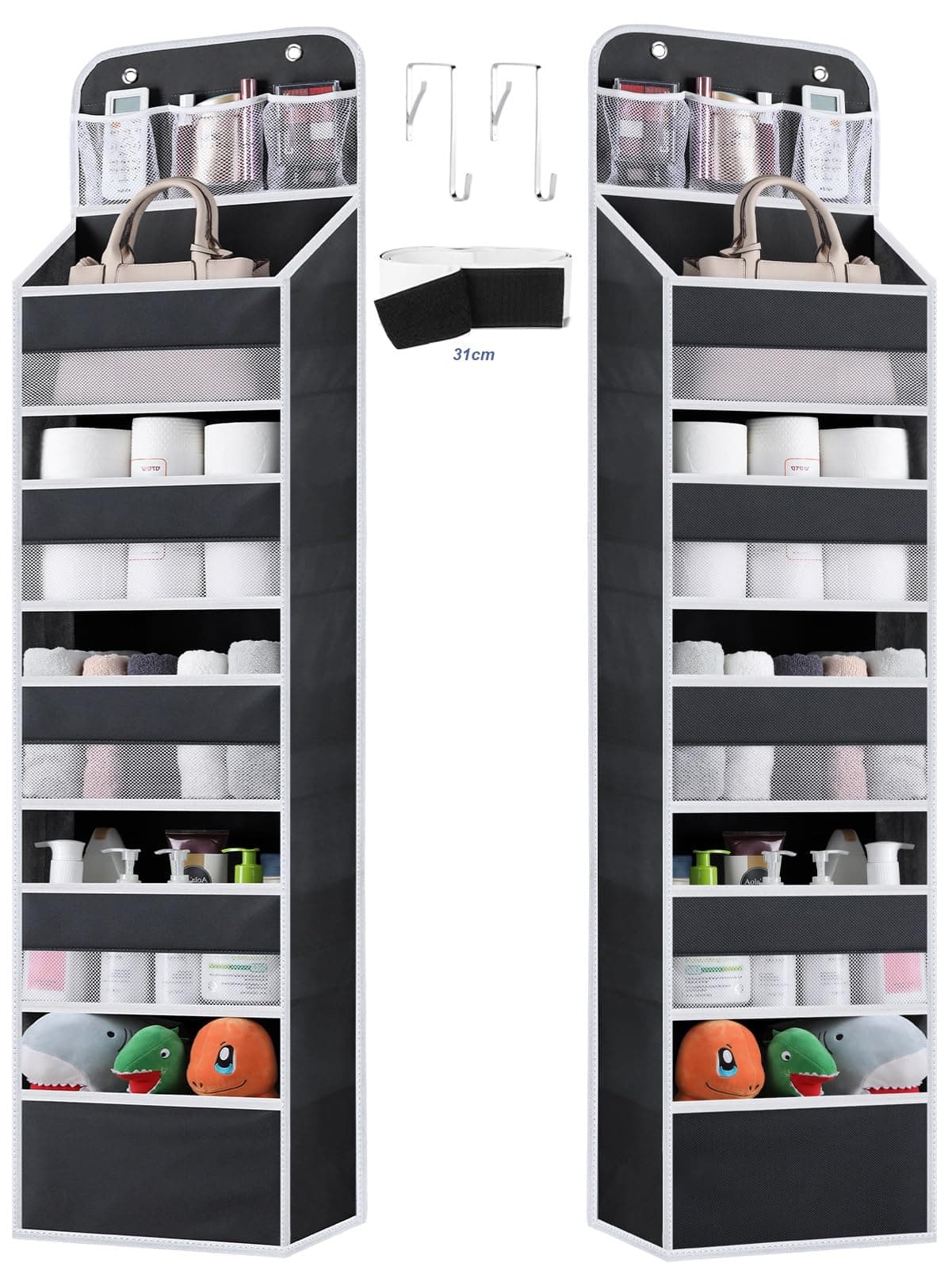 Over the Door Organizer Storage - 5 Tier Hanging Storage shelves Door Organizer with Pockets, Anti Tilt 44 lb Load Behind Door Organizer for Bedroom,Nursery,Bathroom,Kitchen,Dorm,Shoe - 1 Pack, Black