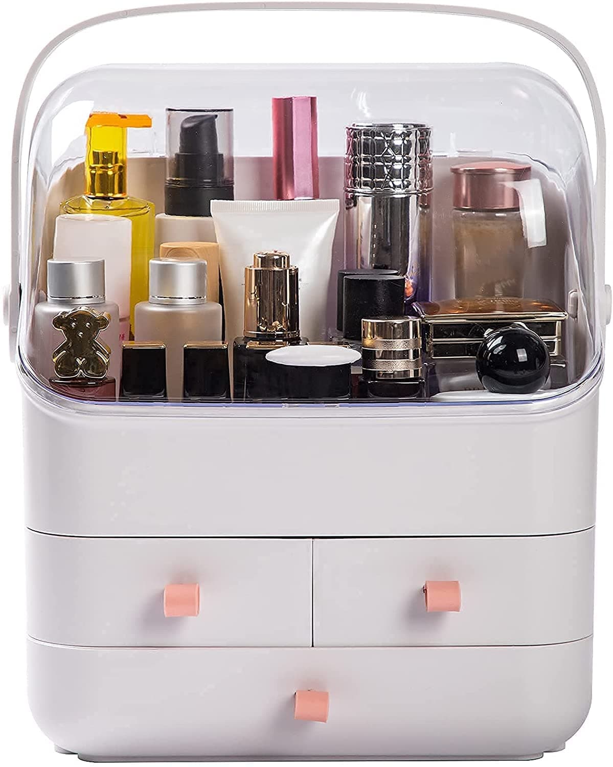 NP Makeup Organizer with Portable Handle, Cosmetic Storage Box with Dust Free Cover, Makeup Display Case Large Capacity Skincare Organizer, Great for Bathroom Countertop Bedroom Dresser