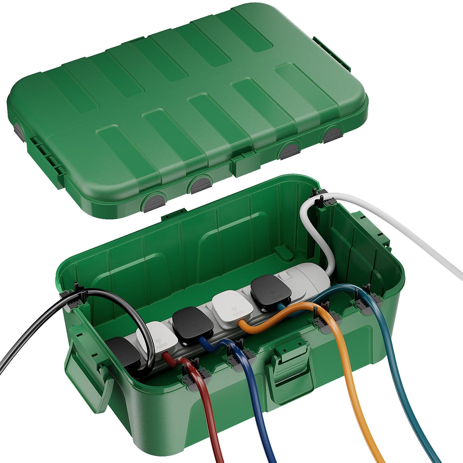 RESTMO Extra Large Weatherproof & Sand Proof Electrical Box, IP54 Outdoor Extension Cord Cover, Protect Outlet, Plug, Socket, Timer, Power Strip, Holiday Light Decoration, 32 x 22 x 13 cm, Green