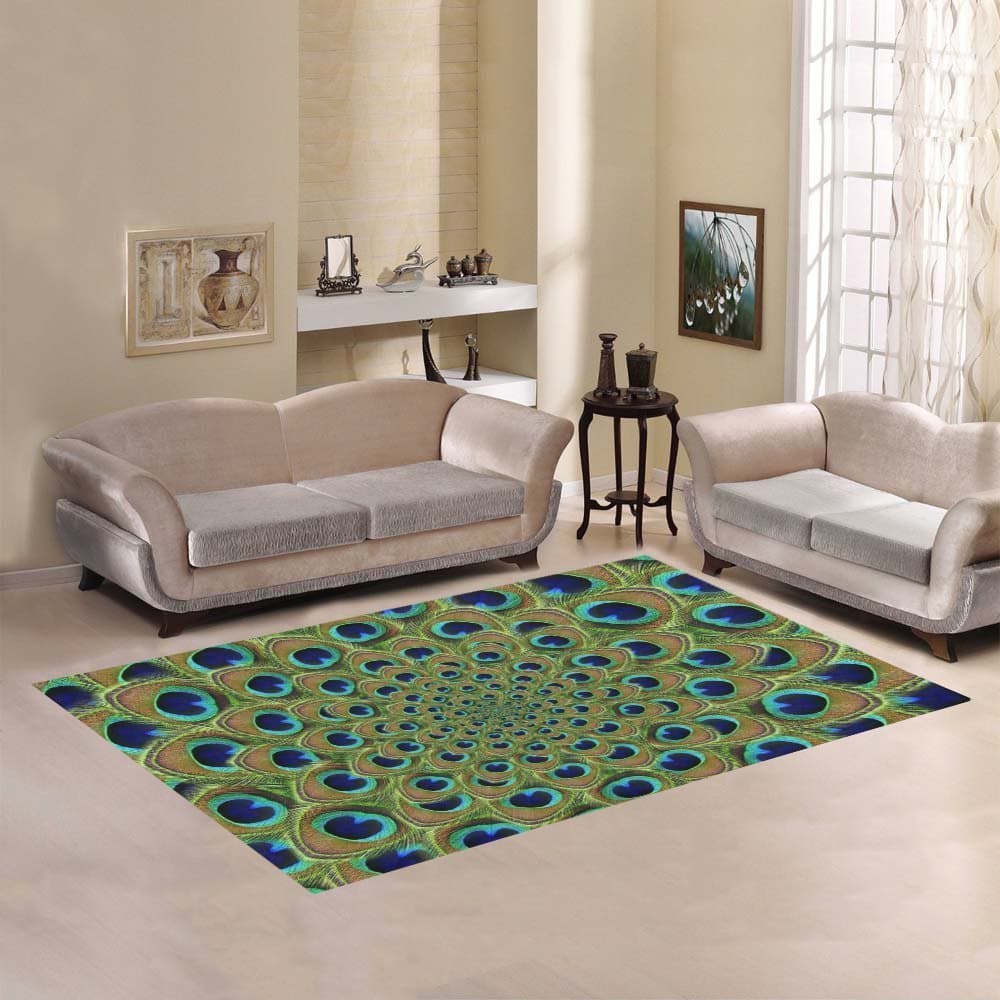 Custom Home Decaration Bright Peacock Feather Art Area Rug 7' x 5', Beauty Peacock Art Carpet Rugs Home Living Dining Room