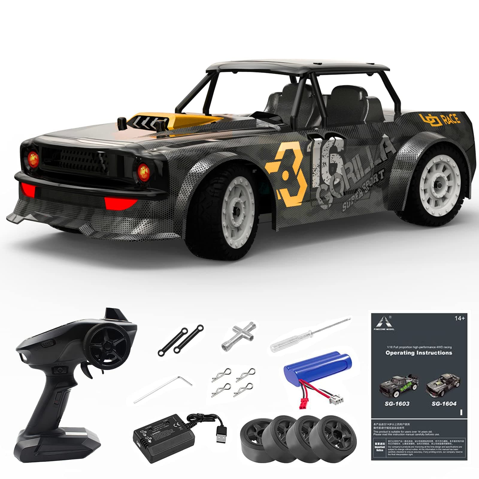 Remote Control Car, 1/16 Scale 30KM/H High Speed Fast RC Drift Car, 2.4Ghz Steering Control Full Scale Off-Road RC Car 4X4 Monster Truck Vehicle with Lights for Kids & Adults, Black