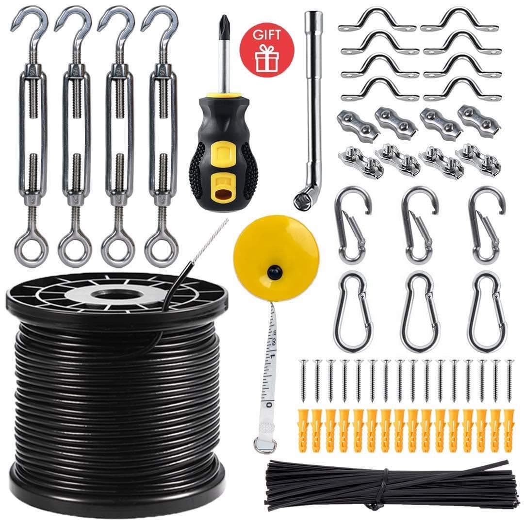 String Light Hanging Kit,Guide Wire for Outdoor String Lights, Shade sail Hardware kit,with 164 Ft Nylon Coated Stainless Steel 304 Wire Rope