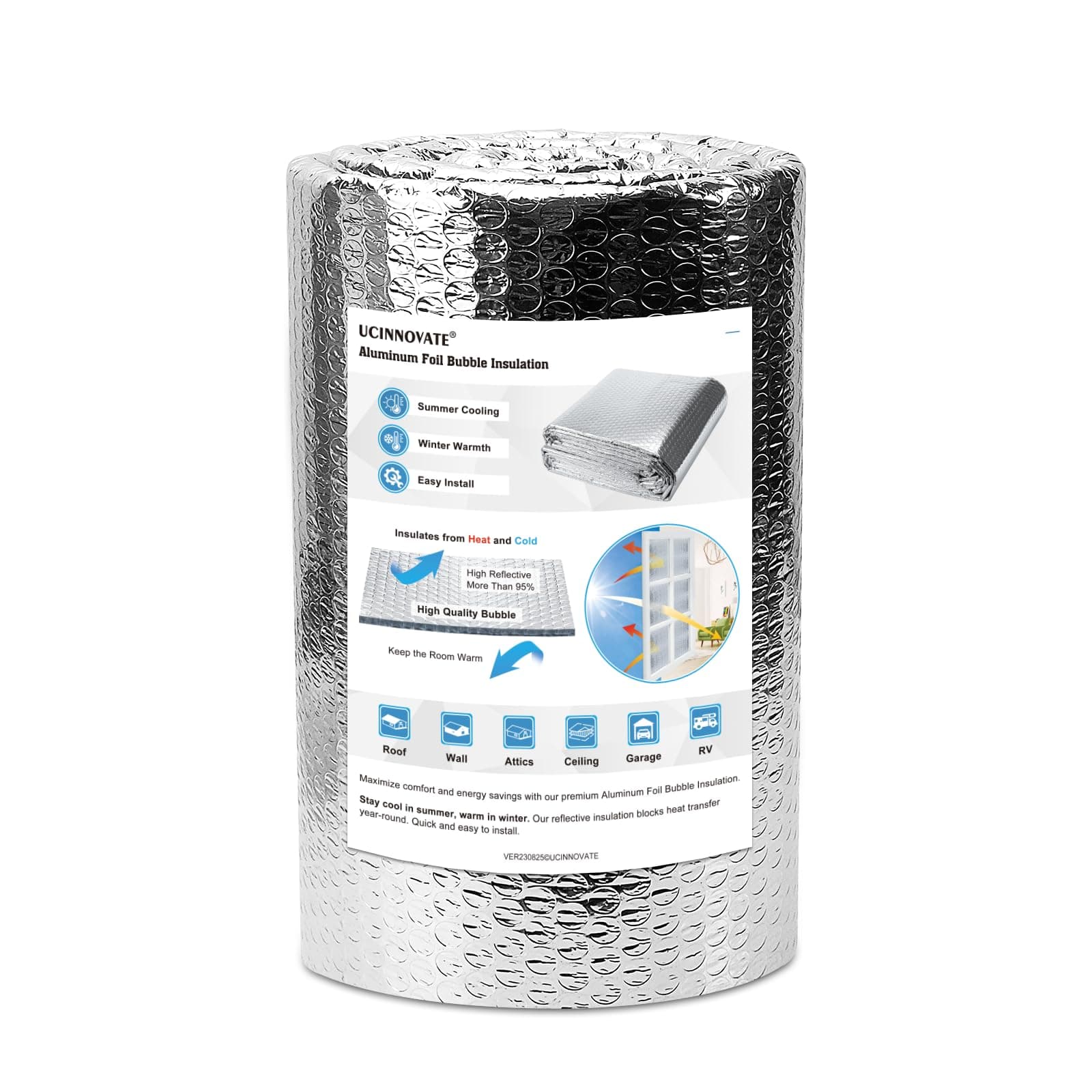 UCINNOVATE Bubble Reflective Insulation Roll, 12'' x 16.4ft Double Side Foil Thermal Insulation Sheet for Winter, Windows Aluminum Radiant Barrier for Summer Heat, Insulation Wrap for RV, Roof, Ducts