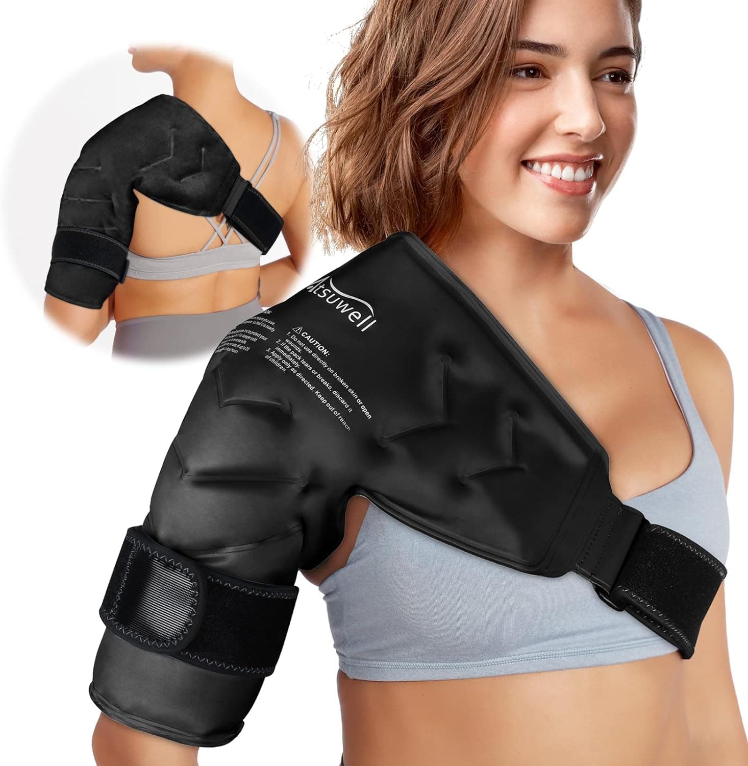 Atsuwell Shoulder Ice Pack Wrap Cold Compression, Reusable Gel Ice Shoulder Wrap, Cold Pack for Shoulder with Adjustable Strap, Flexible Arm Ice Packs for Shoulders, Black