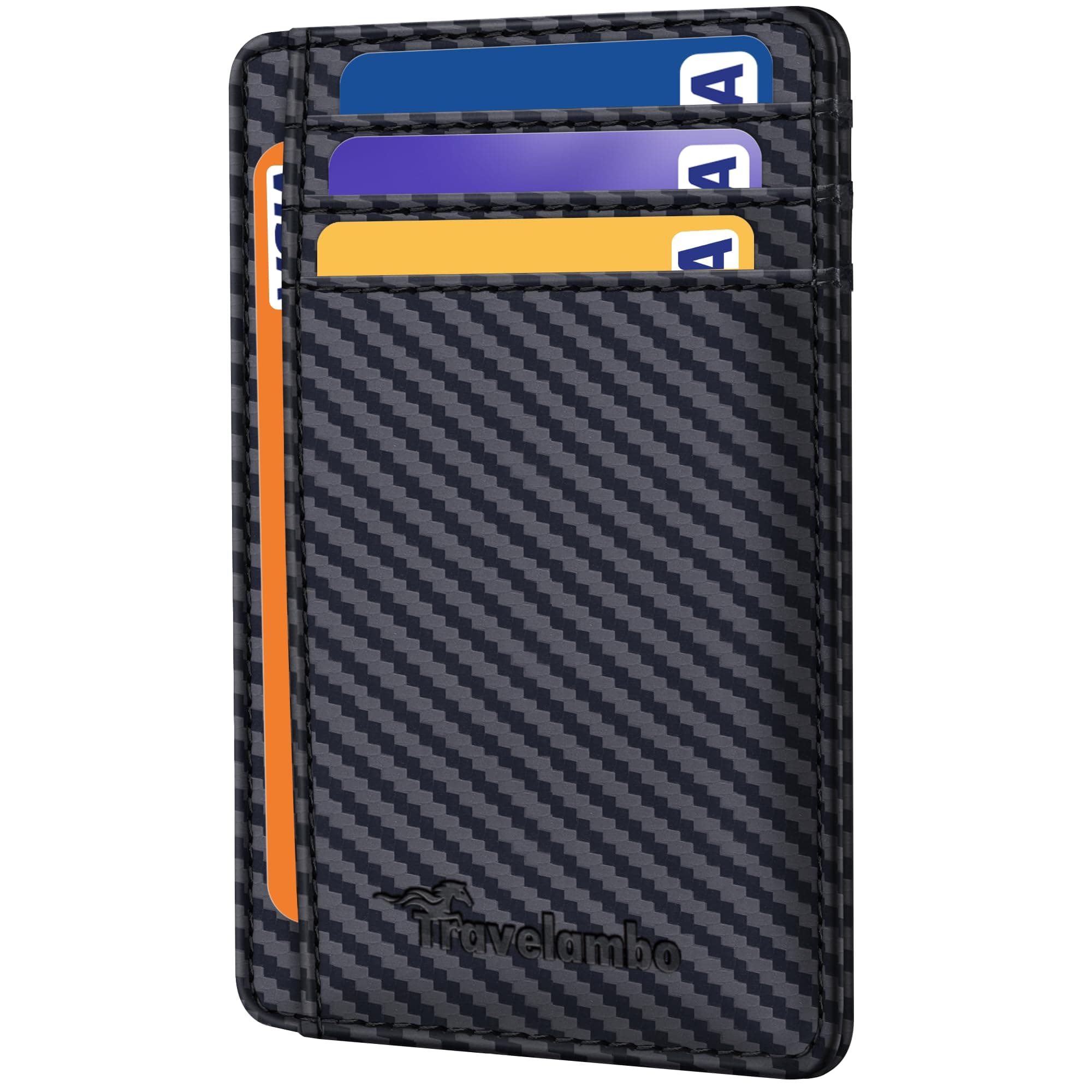 Travelambo Front Pocket Minimalist Leather Slim Wallet RFID Blocking Medium Size (Carbon Fiber Black)
