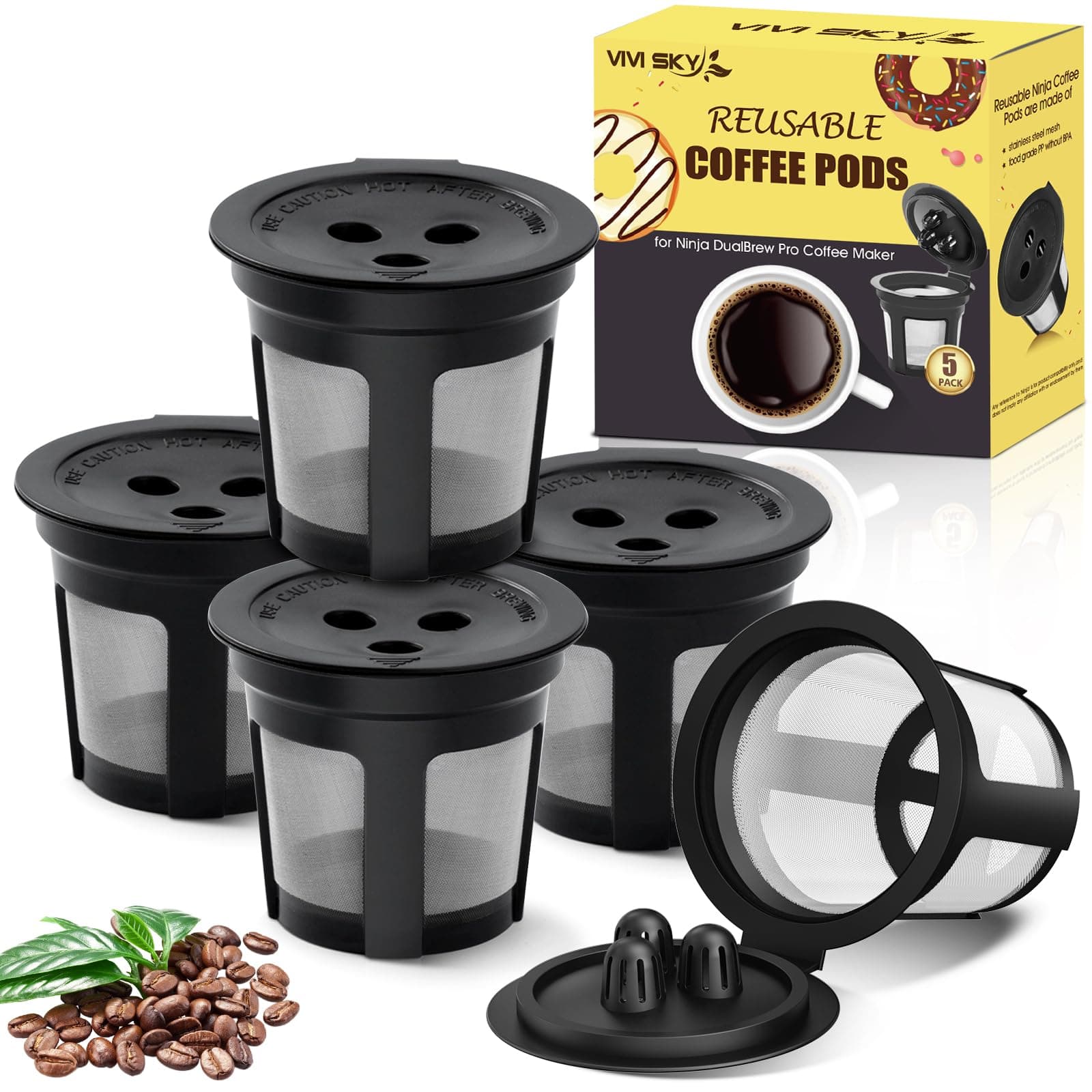 5 Pack Ninja Reusable Coffee Pods: Reusable K Cups for Ninja Coffee Maker - Refillable Coffee Filters for 3-Needle Ninja DualBrew Pro CFP200 CFP201 CFP300 CFP301 CFP305 CFP400(Only for 3-Hole Version)