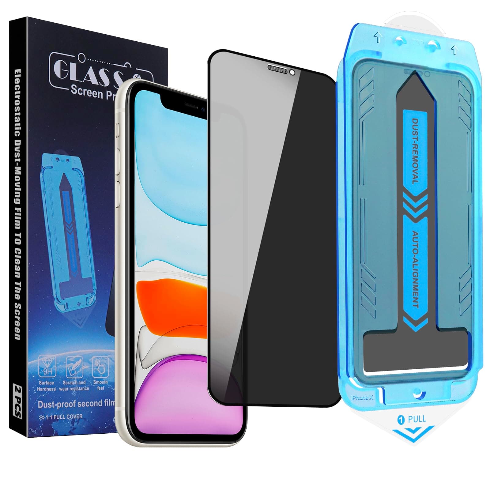 2-Pack Privacy Screen Protector for iPhone 11 Pro and iPhone XS and iPhone X 5.8-Inch, 9H Tempered Glass, Full Coverage, Anti-Fingerprint, Auto Dust-Elimination, No Bubble, Easy Installation