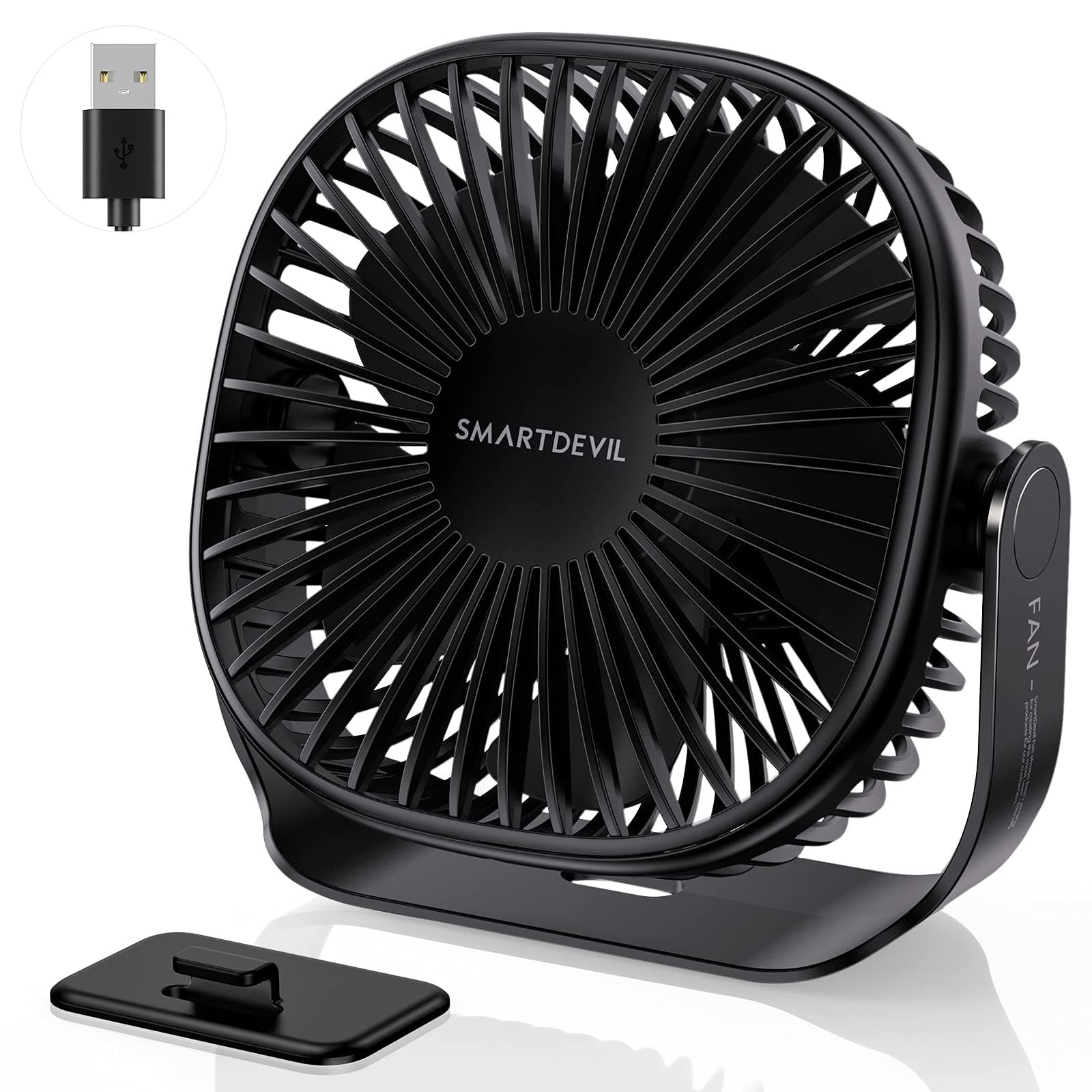 SmartDevil Small USB Desk Fan, 3 Speeds Portable Personal Desktop Table Fan with Pasteable Hook, Dual 360° Adjustment Mini Fan, Quiet Operation, for Home Office Car Outdoor Travel (Black)